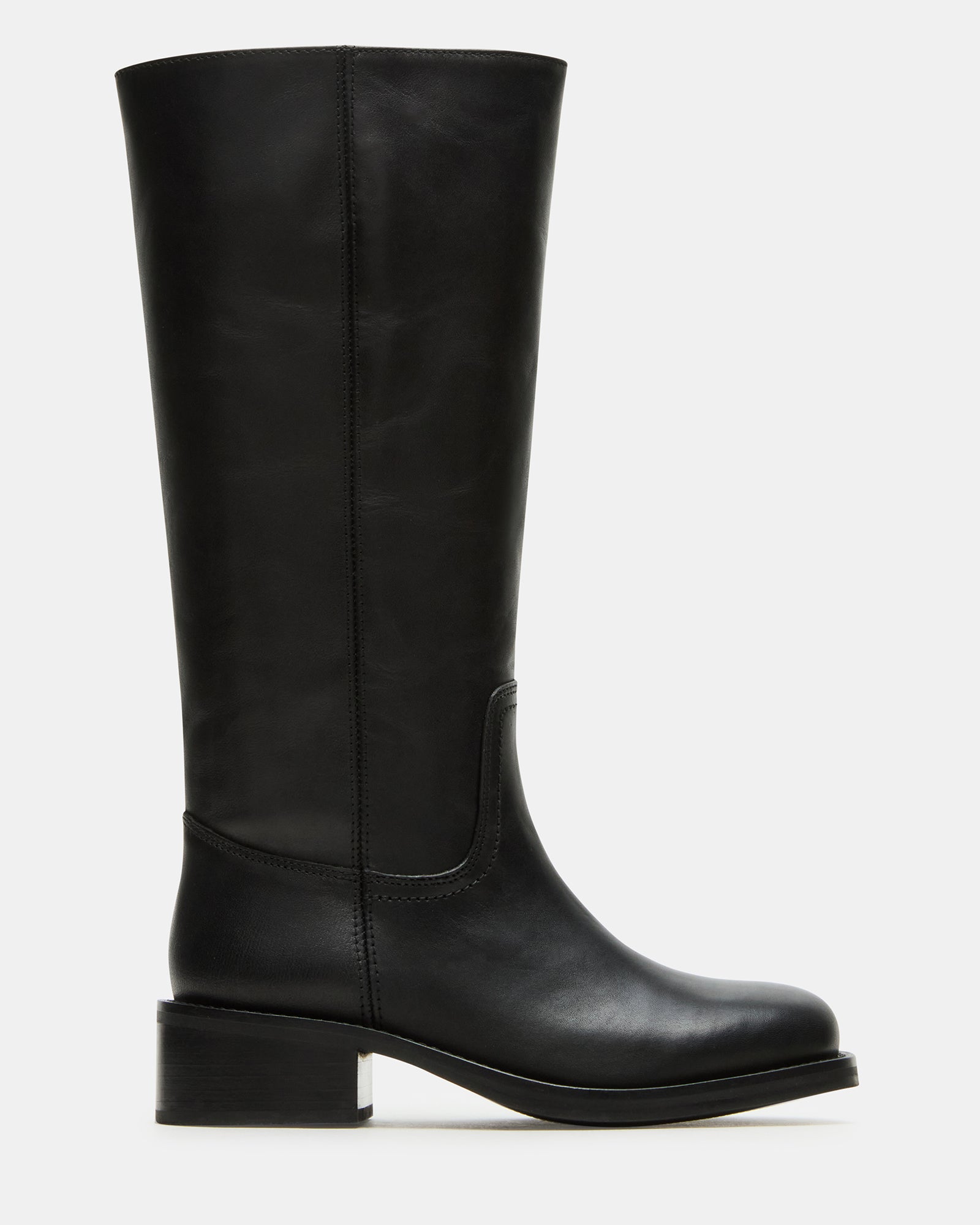 Side view of black leather wide calf boots with square-toe design