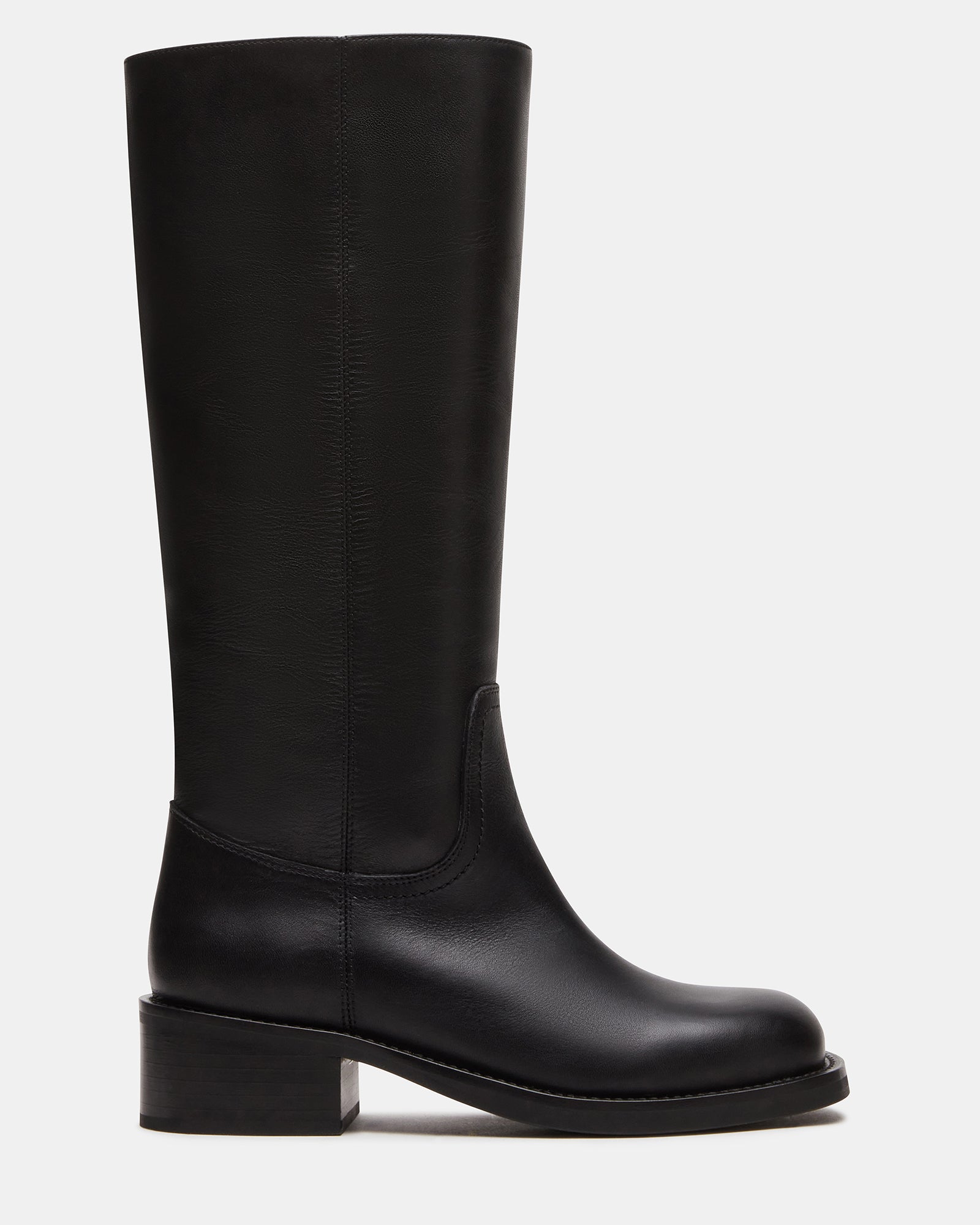Side view of RIGGS black leather knee-high boots highlighting the sleek design