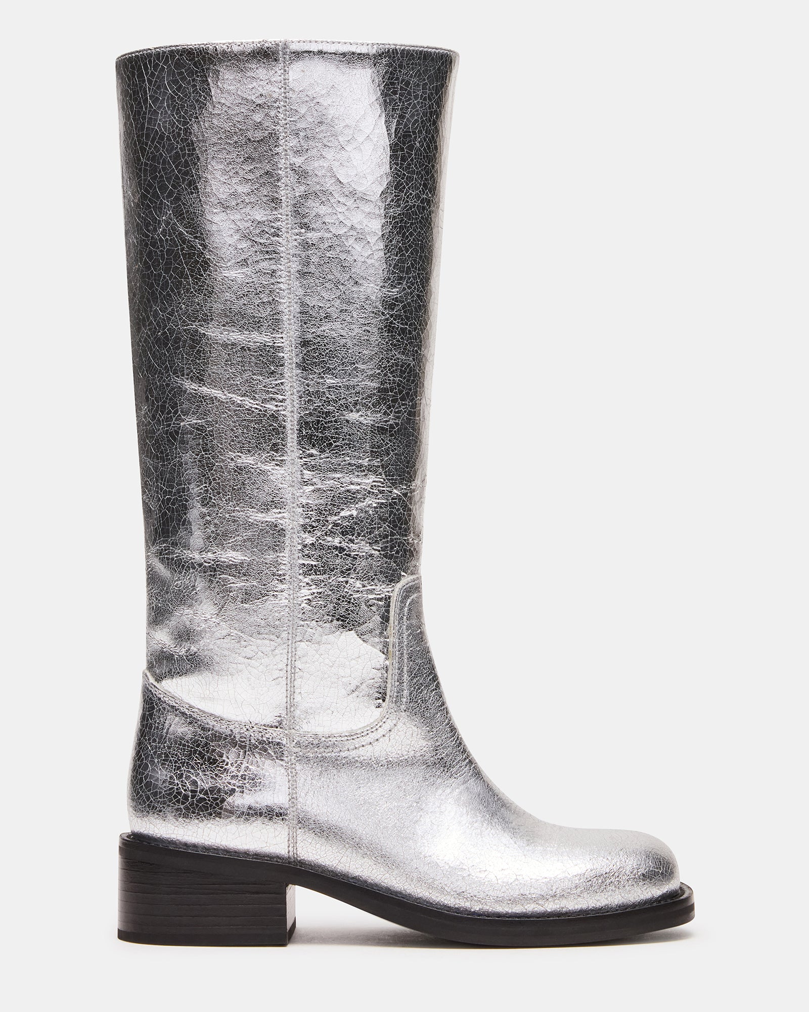 Silver leather cowboy boots with square toe and sleek design, perfect for stylish men