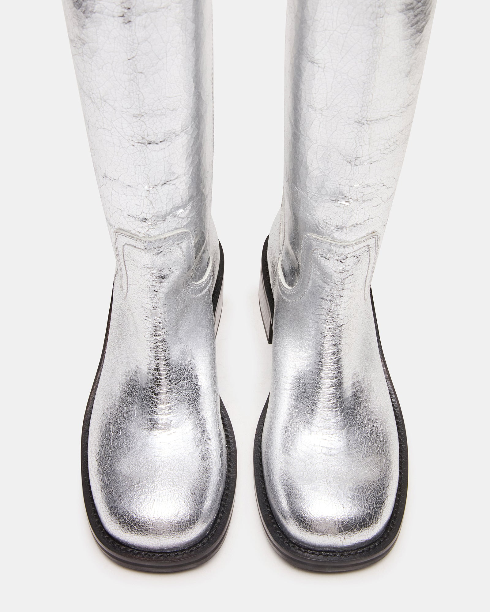Silver leather cowboy boots with square toe and sleek design, perfect for stylish men