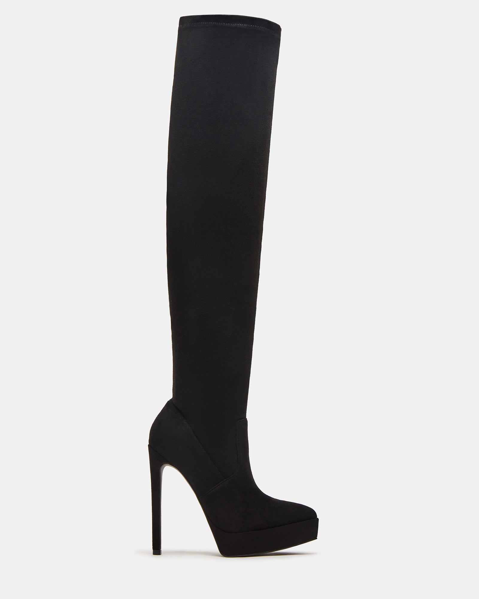 Black stiletto heel boots showcasing pointed toe design from the side.