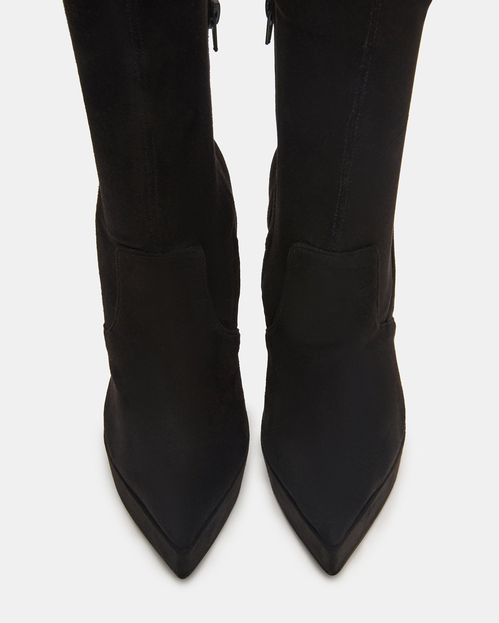 Black stiletto heel boots showcasing pointed toe design from the side.