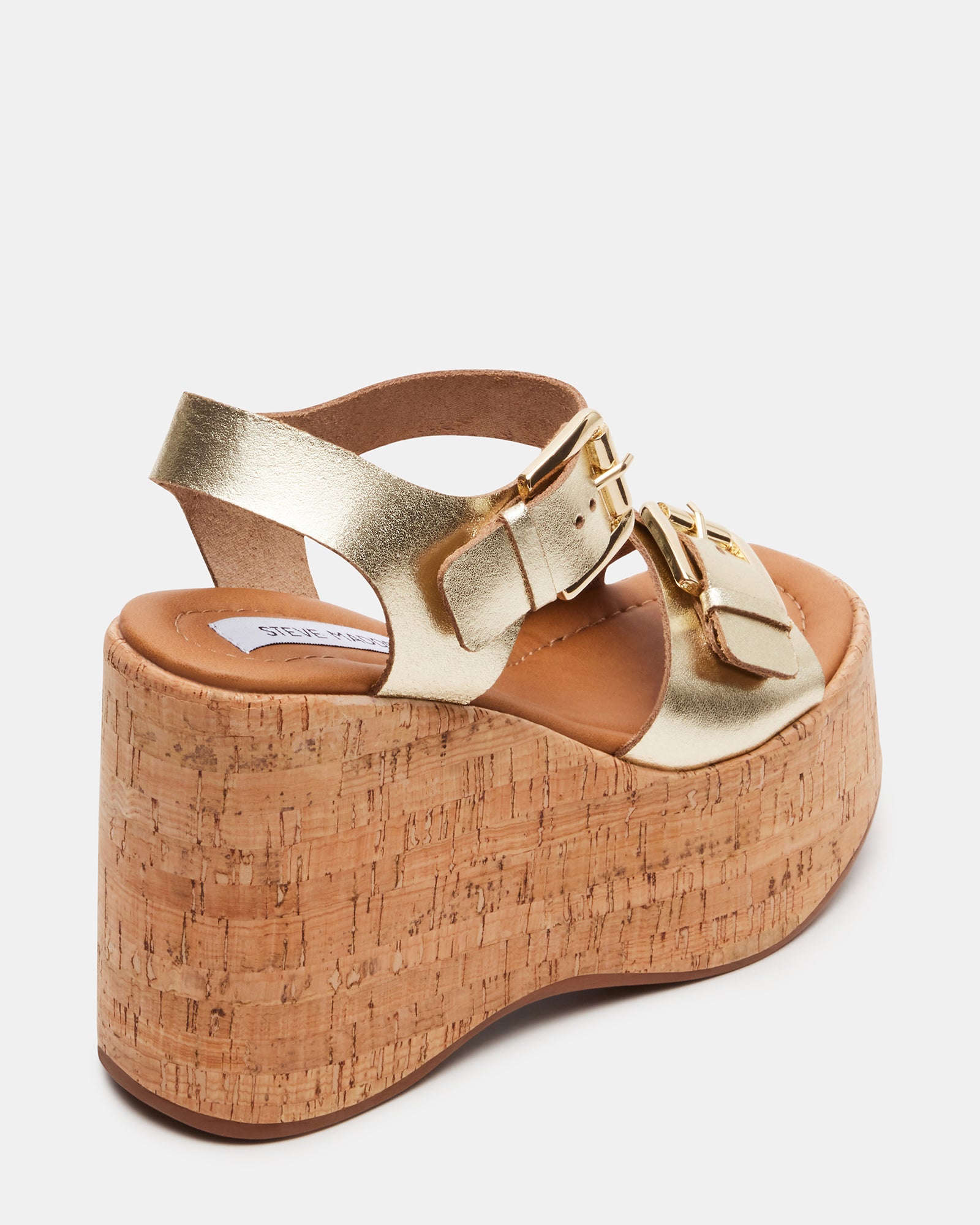 Close-up of the cork wedge and synthetic sole for traction.