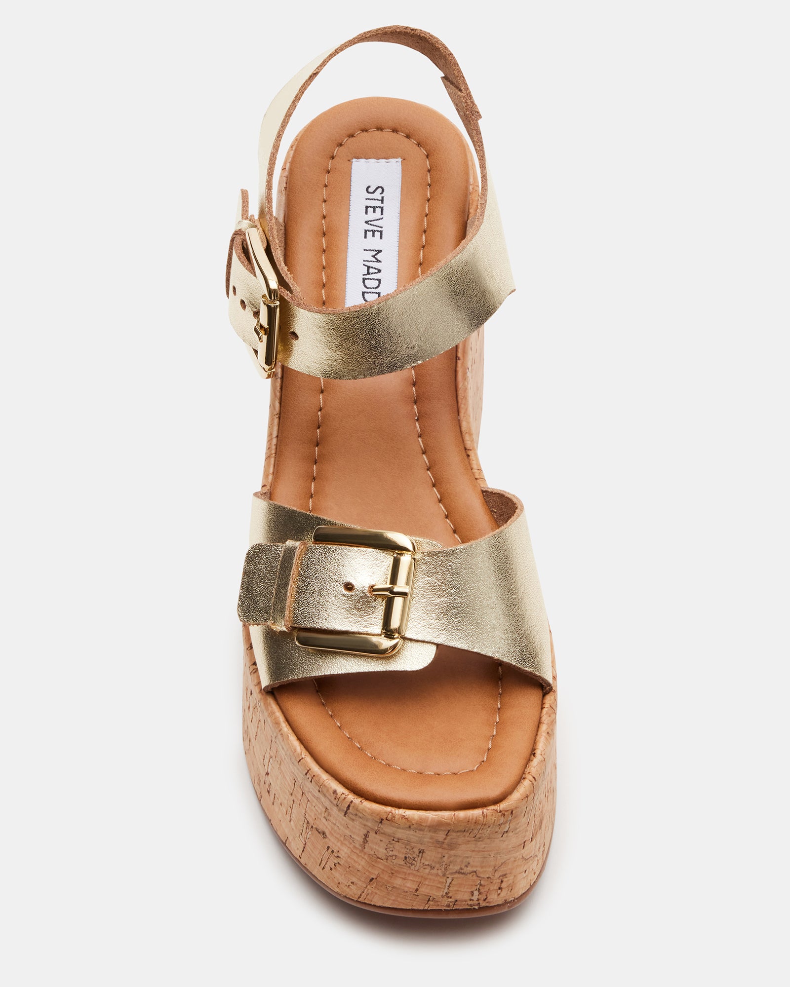 Side view of River Gold platform sandals, showcasing the leather upper.