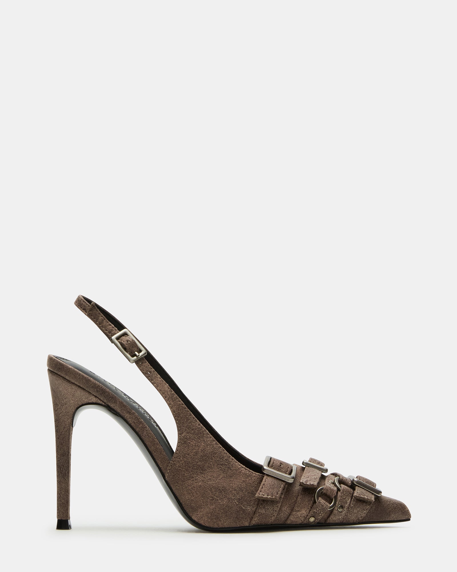 RIVVY grey heels modeled with a chic office dress