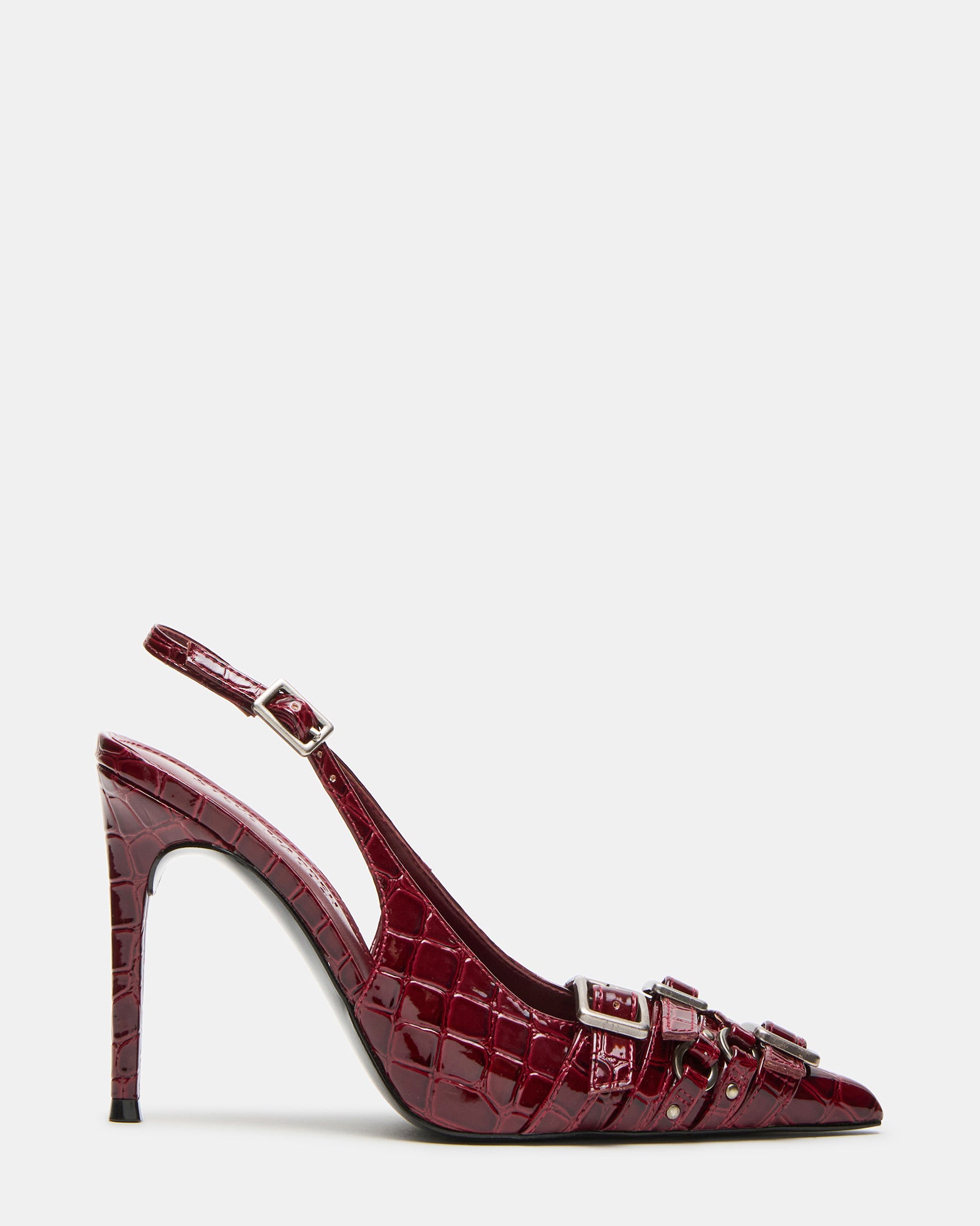 Close-up of RIVVY pointed-toe high heels in red crocodile vegan leather, showcasing the sleek design and hardware details