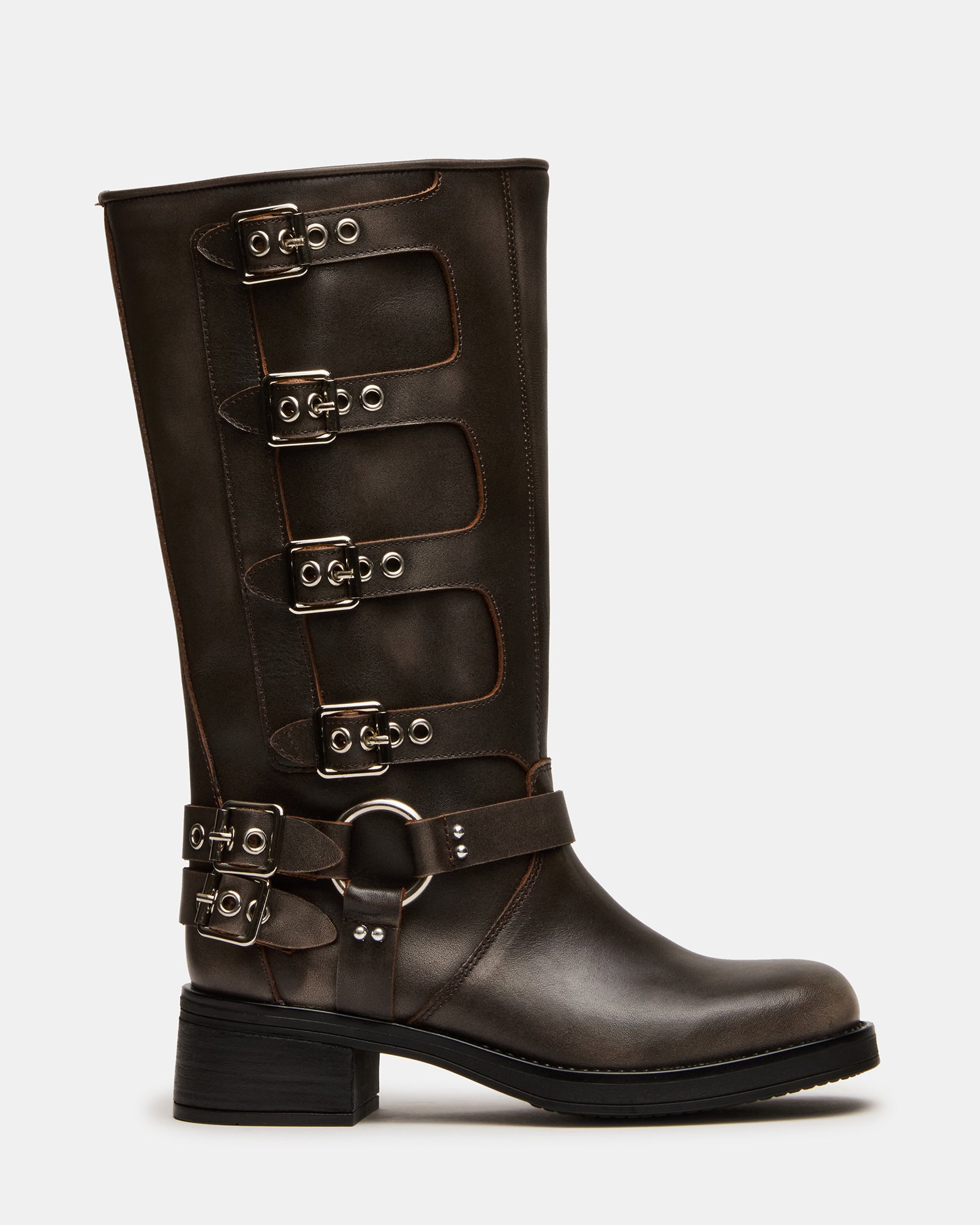 Front view of Rocky distressed leather engineer boots with wide calf design