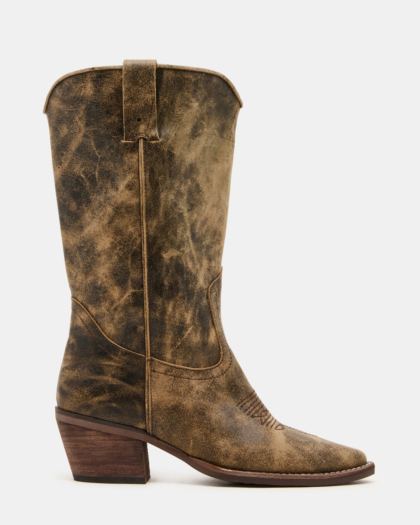 Side view of wide calf cowgirl boots showcasing distressed leather texture.