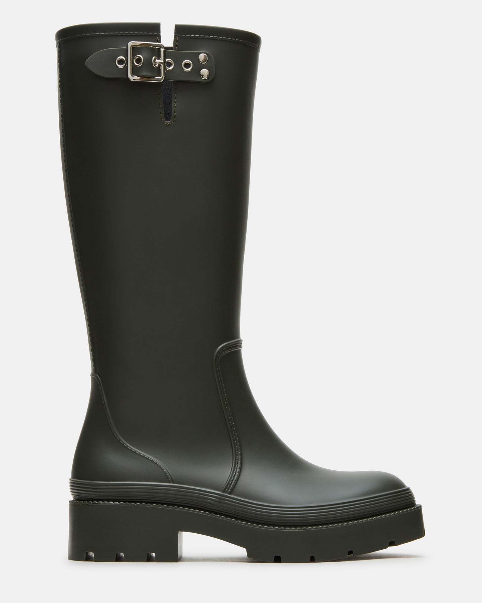 Side view of ROCKYH20 olive waterproof rain boots with lug sole and buckle detail for outdoor use