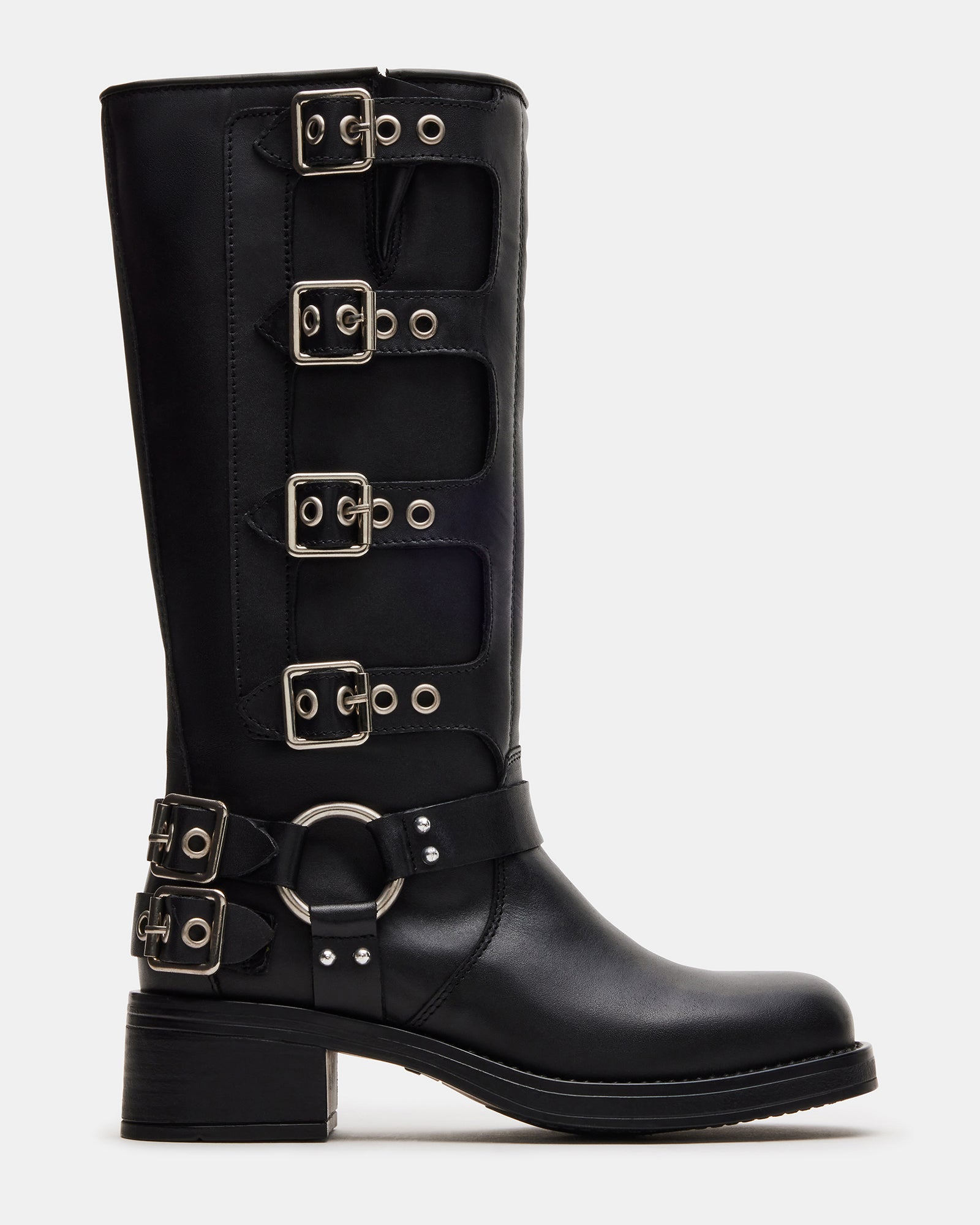 Side view of Rocky black leather engineer boots with buckle hardware