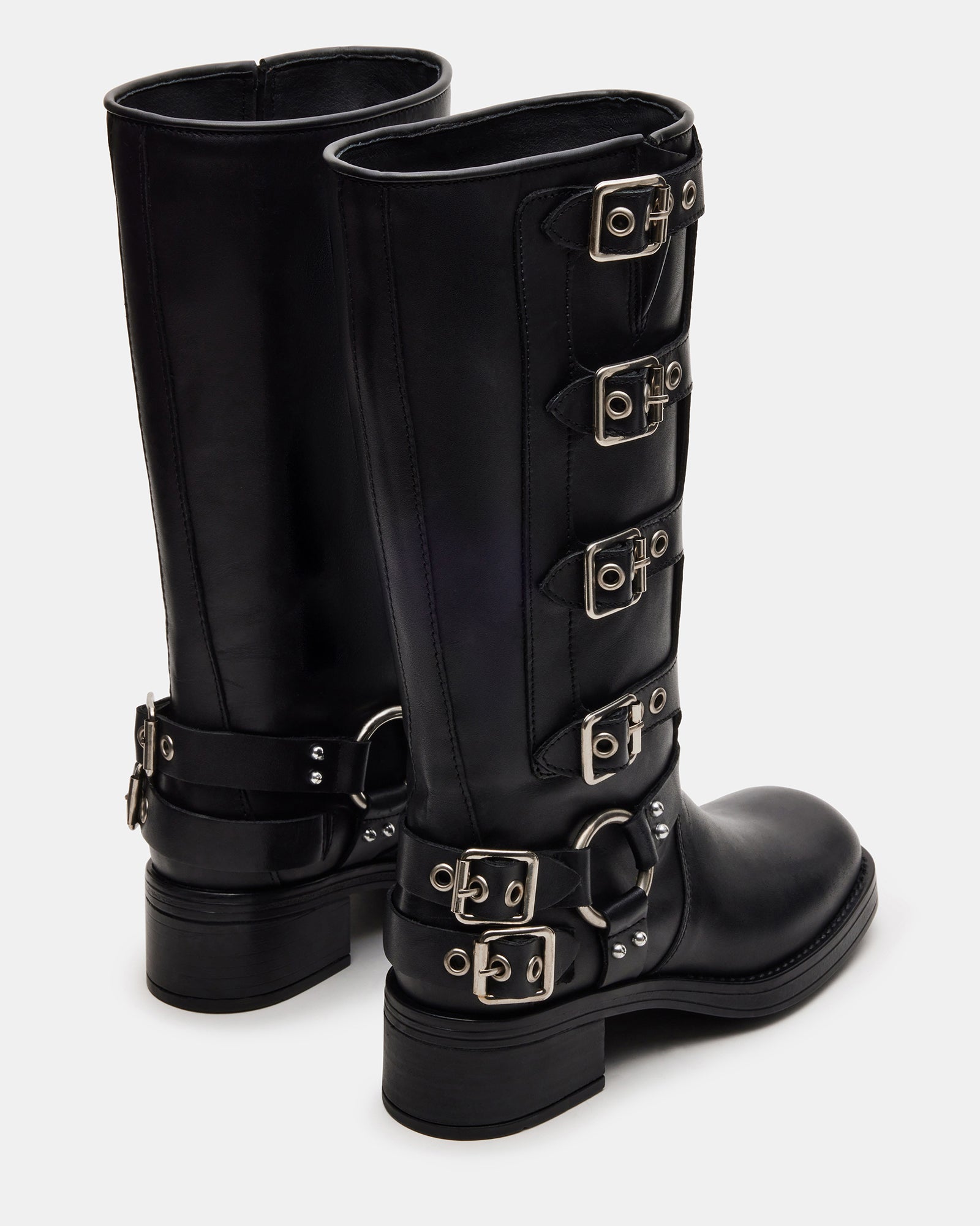 Close-up of the harness and buckle details on black engineer boots
