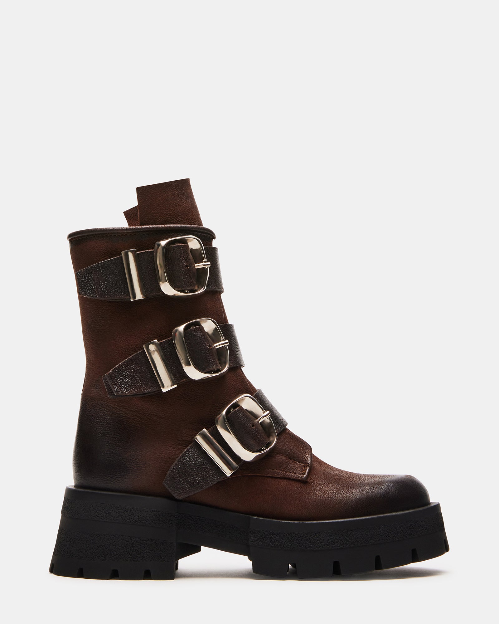 Roland brown leather boots side view, showing knee-high design