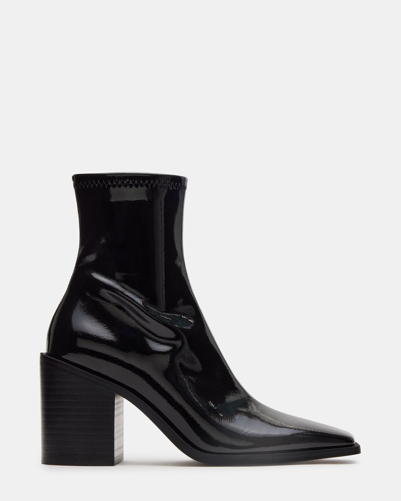 Side view of black leather ankle boots with square toe and block heel