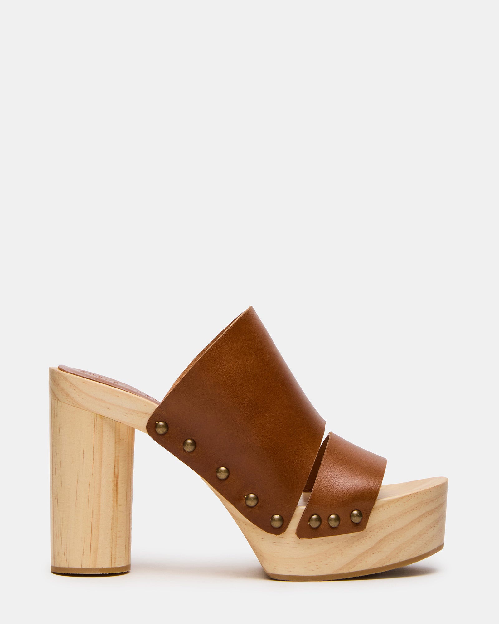 Rubble Tan leather platform sandals from the side, showcasing the wood bottom.