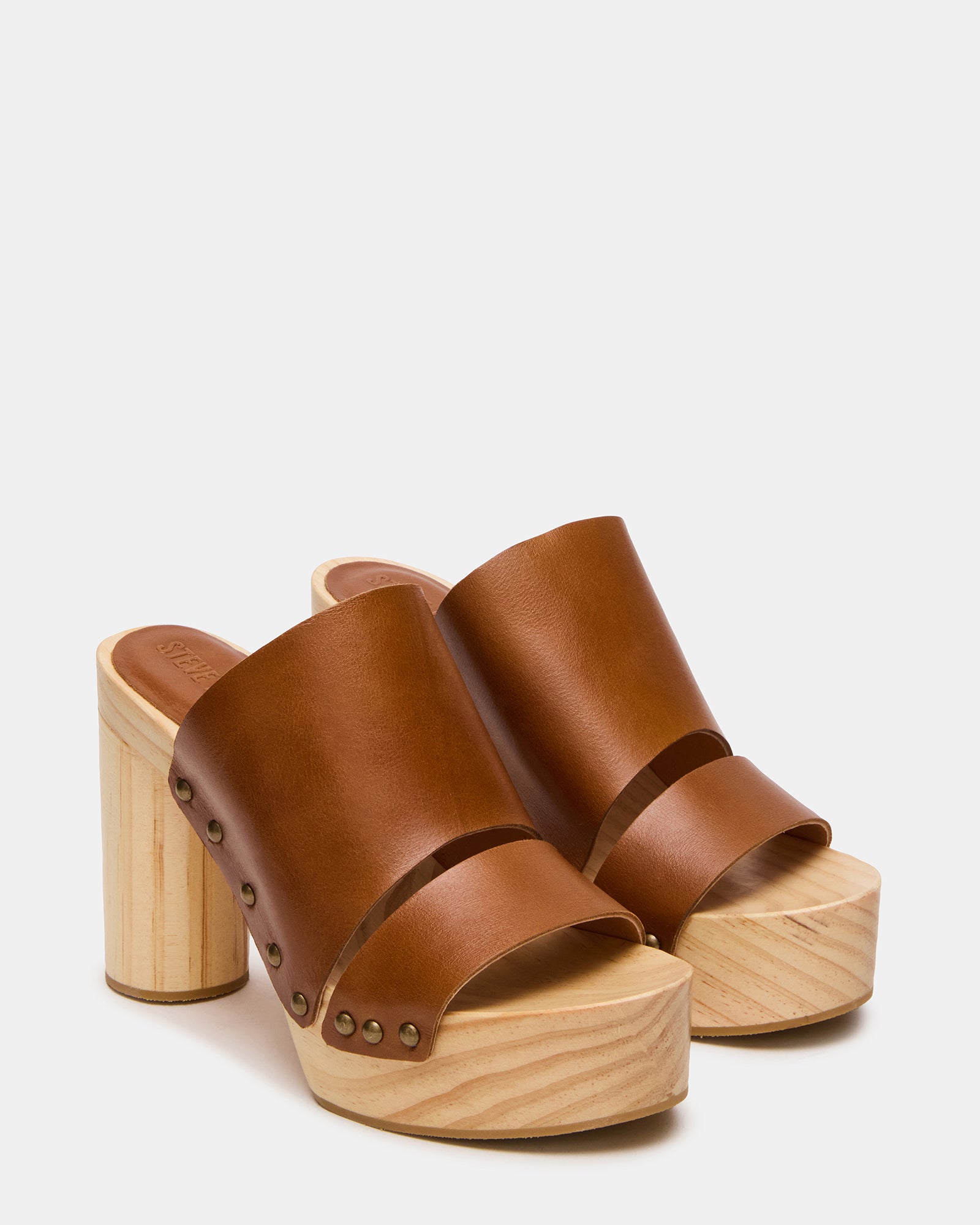 Close-up of Rubble Tan sandals highlighting the rounded toe and leather material.