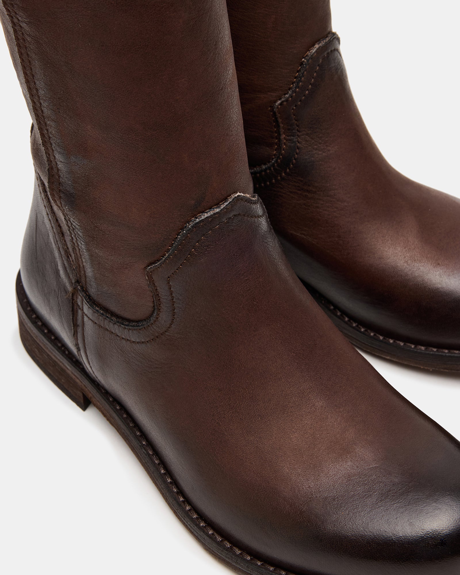 Close-up of premium leather boots with stitching details and low heel