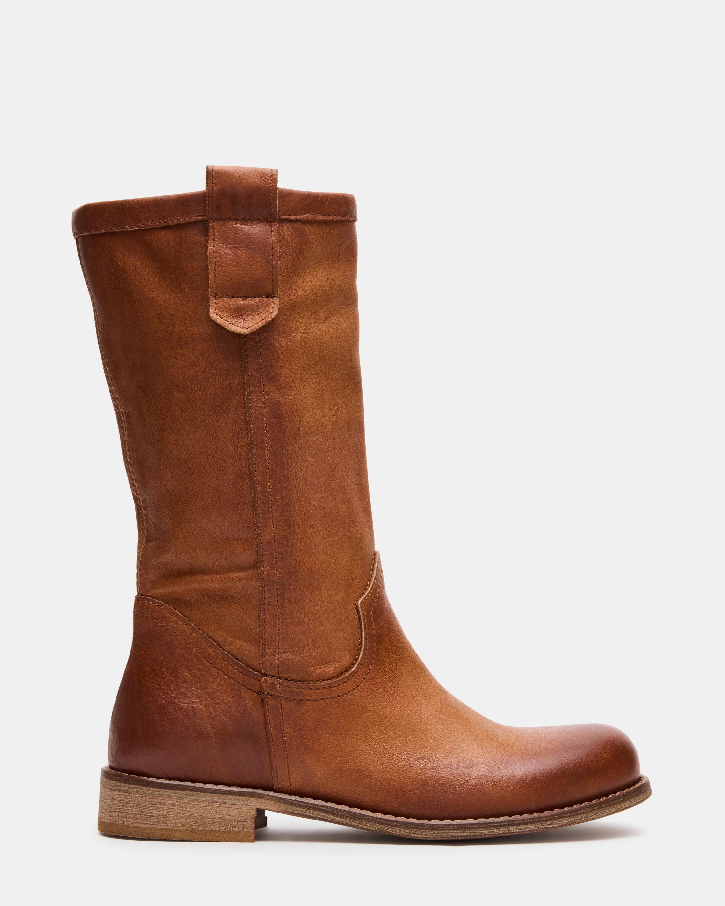 Side view of Ruben Cognac Leather Dress Boots, highlighting their sleek design.