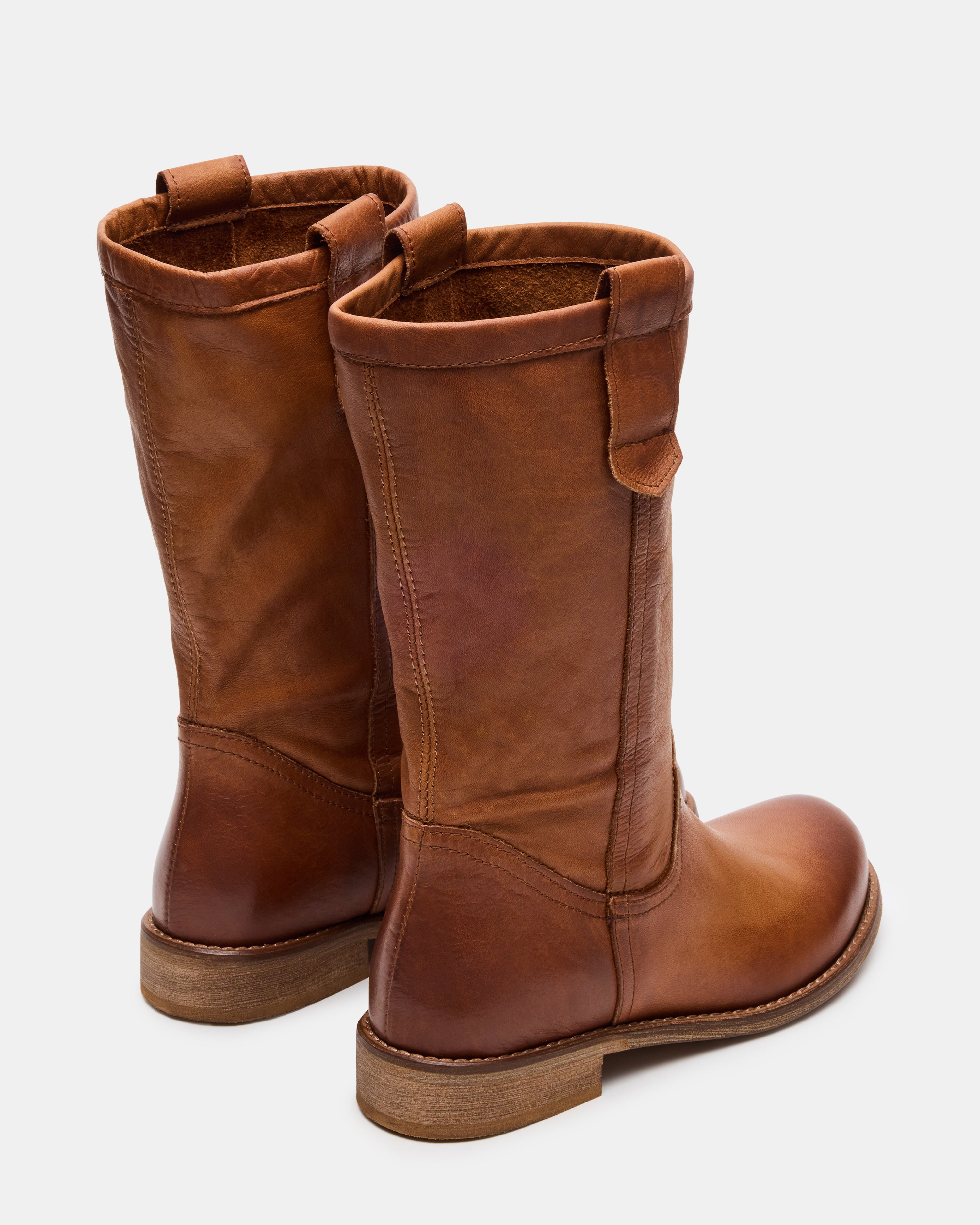 Close-up of the rounded toe of Ruben Cognac Leather Dress Boots.