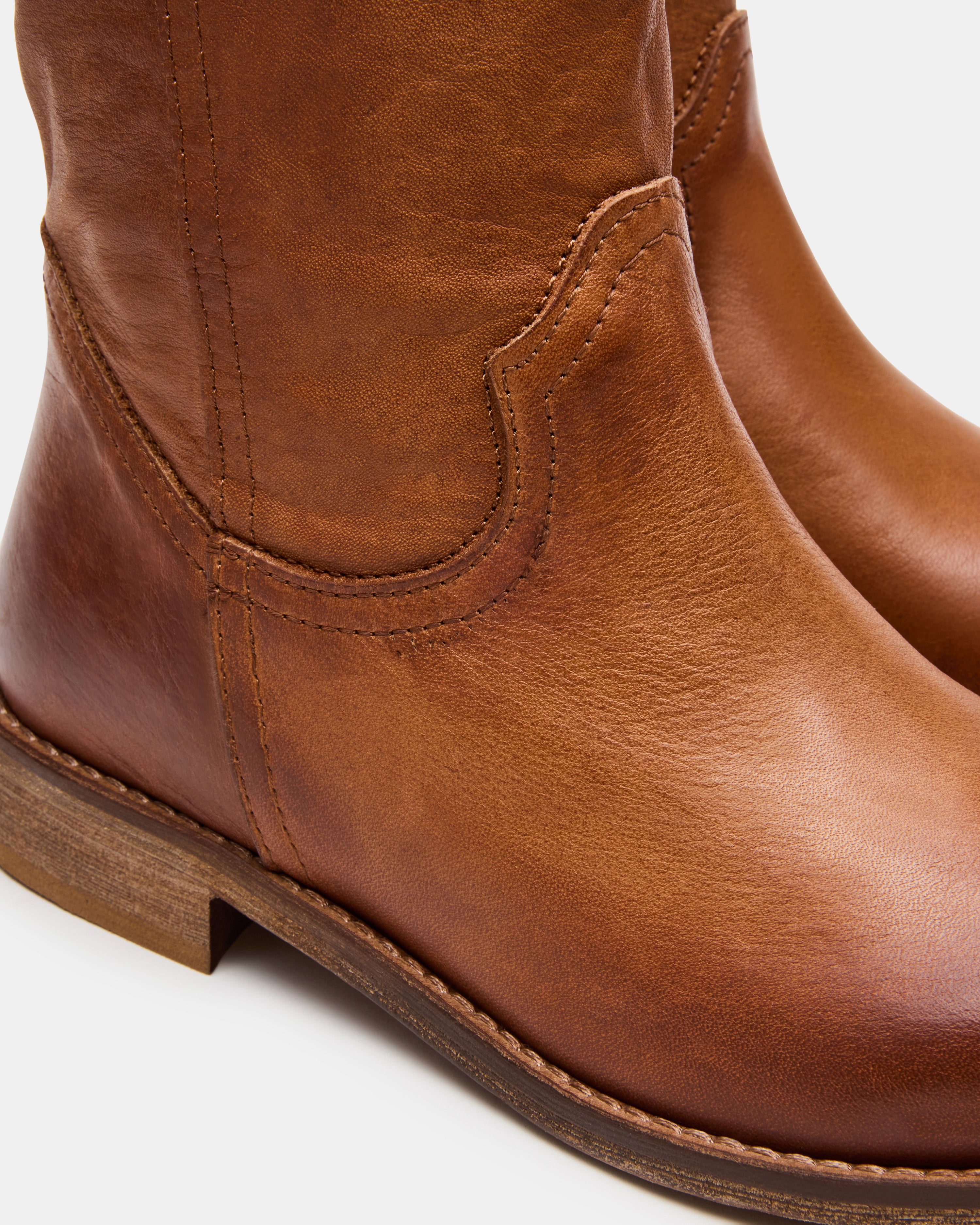 Ruben Cognac Leather Dress Boots worn with a stylish outfit in a casual setting.