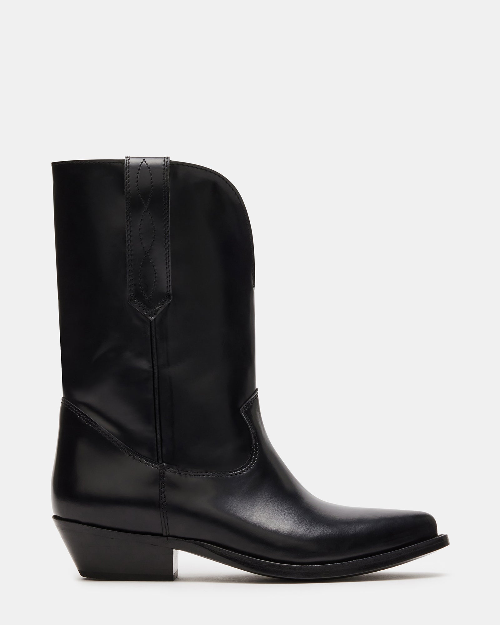 Black leather cowgirl boots with pointed toe and pull tabs, styled for western wear