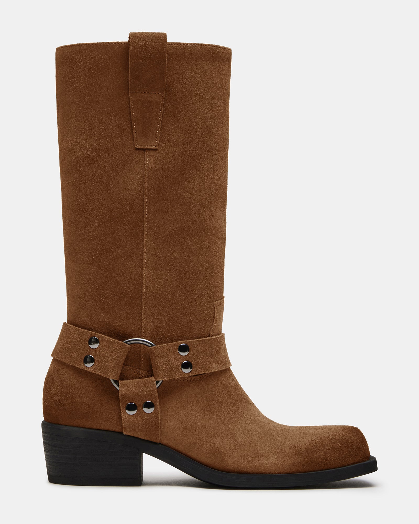 Ruskin suede boots side profile showing square toe and stitching