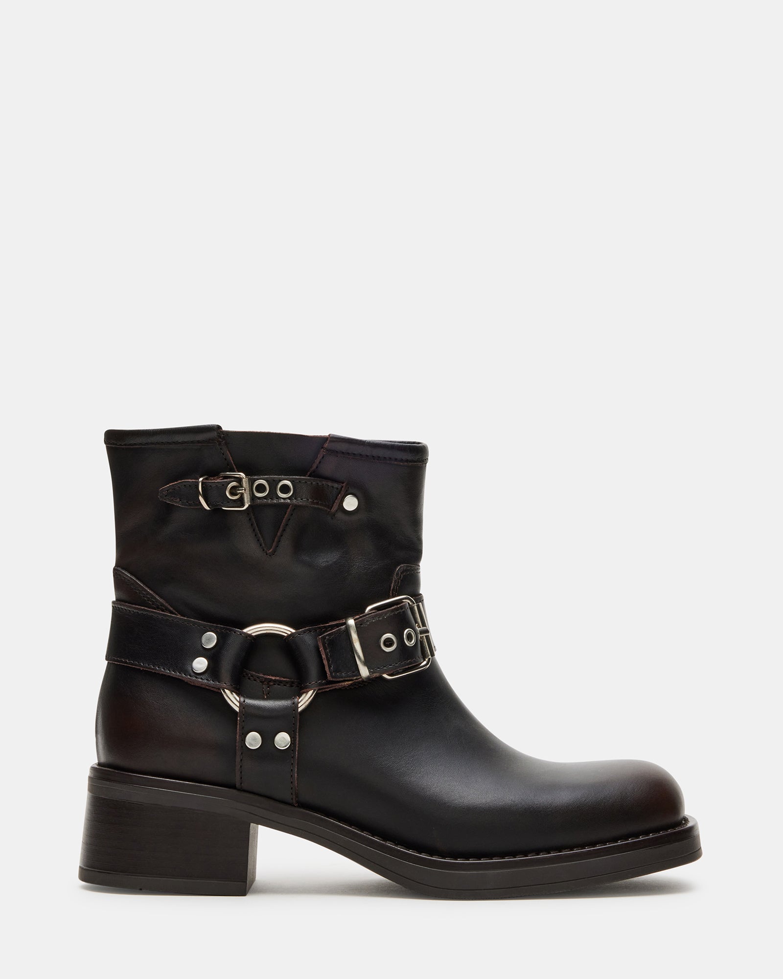 Rustler brown leather square toe ankle booties side view