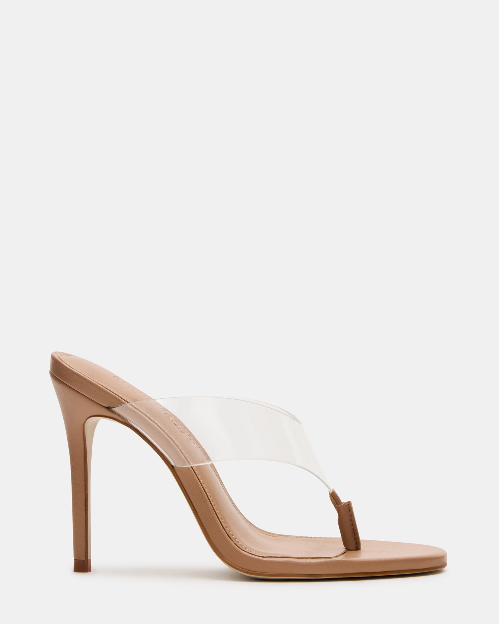 Clear thong-heeled mules showcasing the elegant design