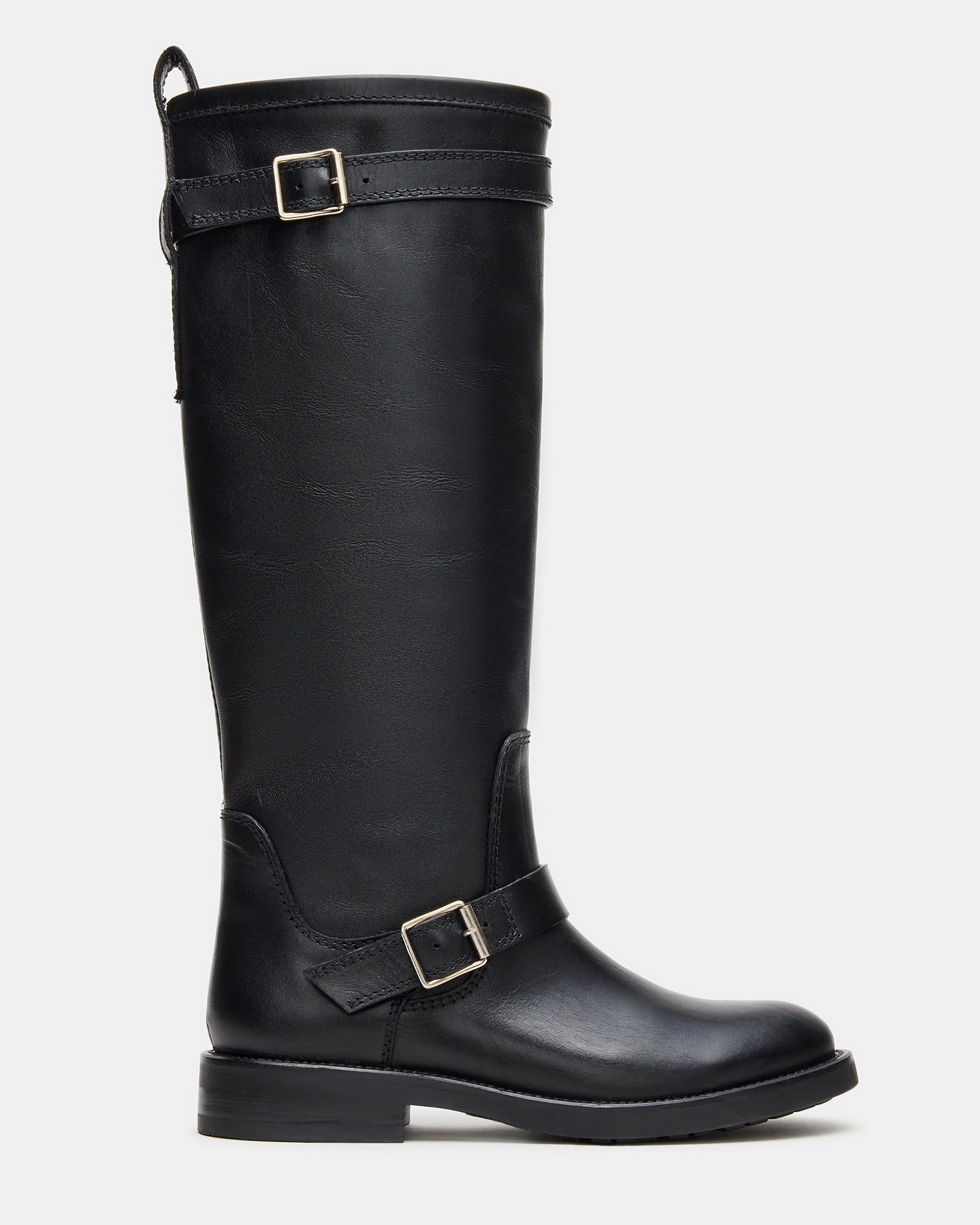 Side angle of knee-high black leather boots with buckled strap