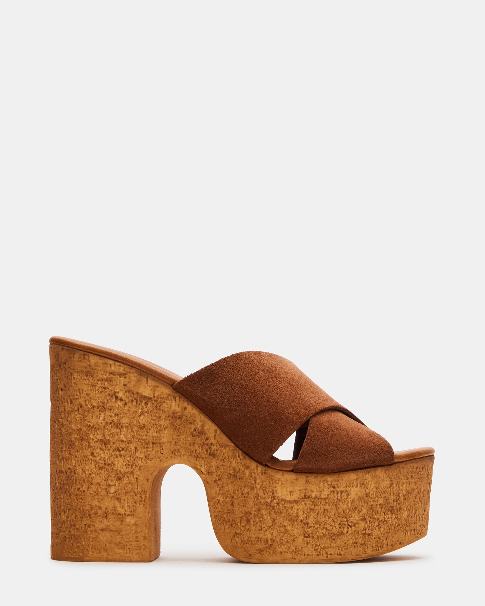 Close-up of block heel shoes sandals showcasing suede texture and criss-cross design.