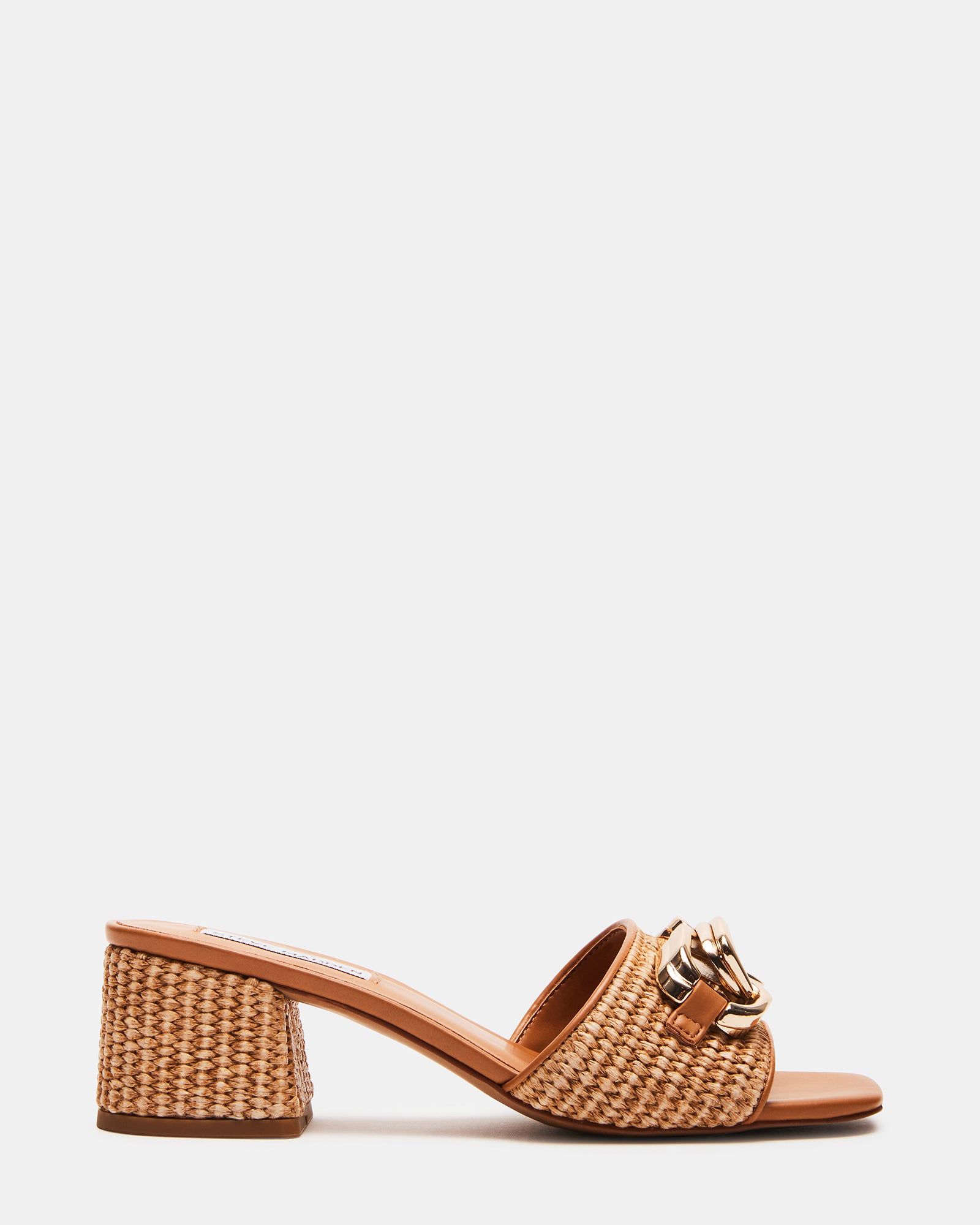 Front view of black block heel sandals with woven strap, styled for coastal travel