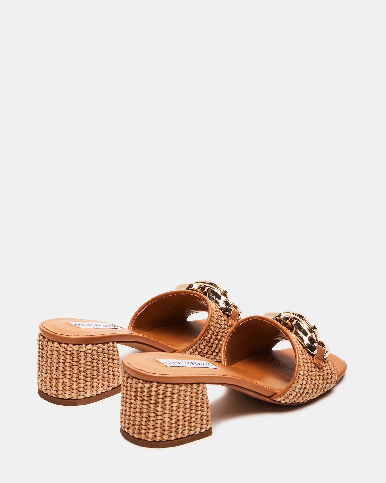 Top-down angle of nude block heel sandals, highlighting square toe and slip-on design