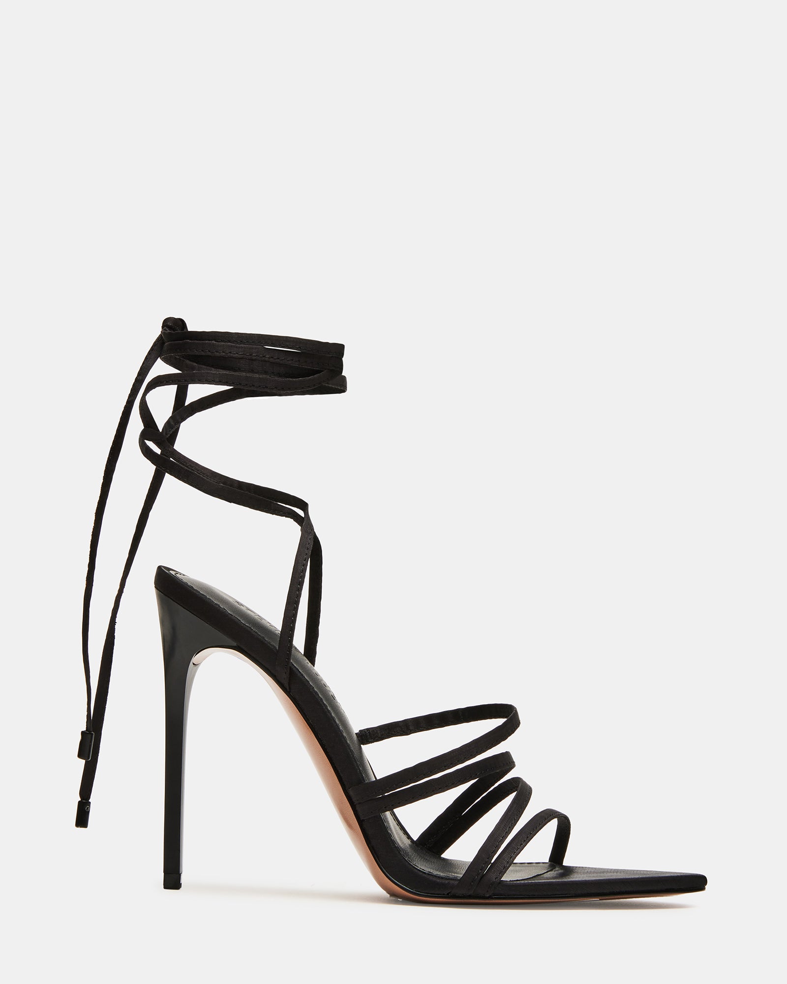 Close-up of lace-up stiletto heels highlighting black colour and pointed toe