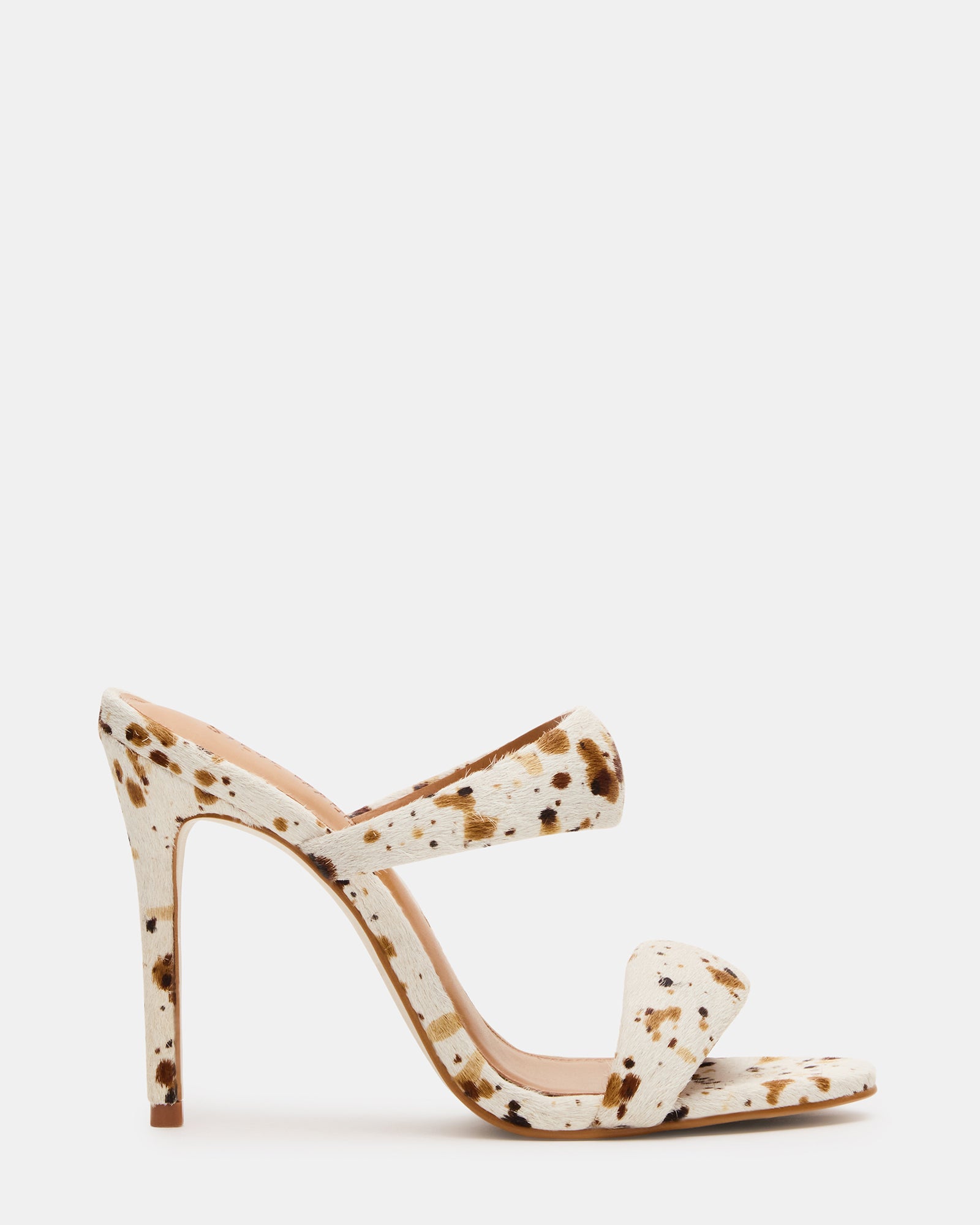 Fashionable Saturn cow print heels with stiletto heel on a white background
