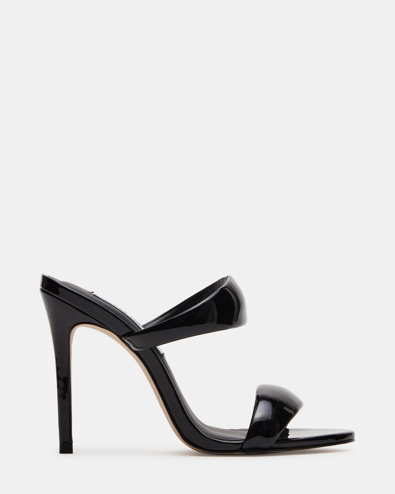 SATURN black mule shoes side view, showcasing the stiletto heel