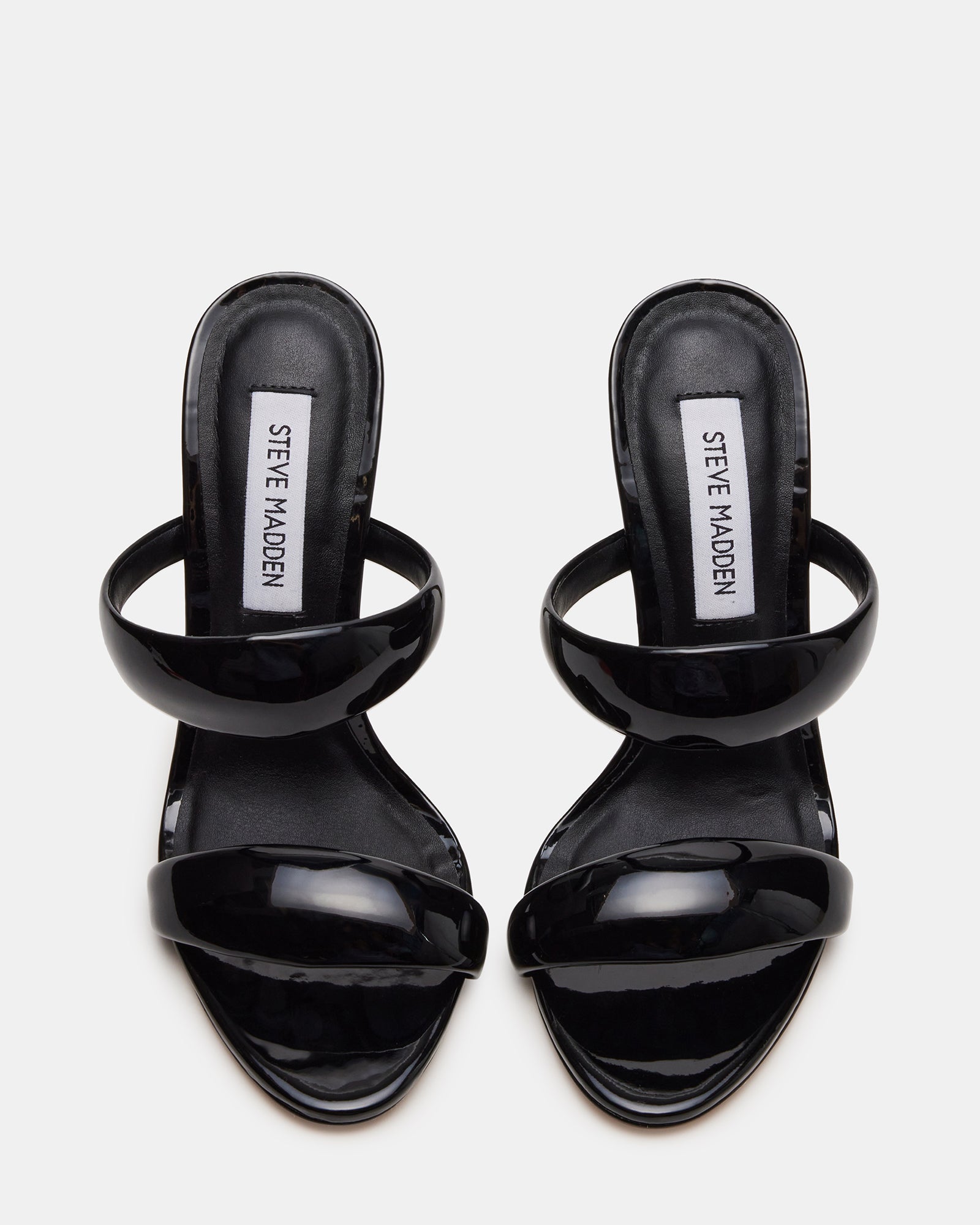 Close-up of the tubular double strap on the SATURN black heels