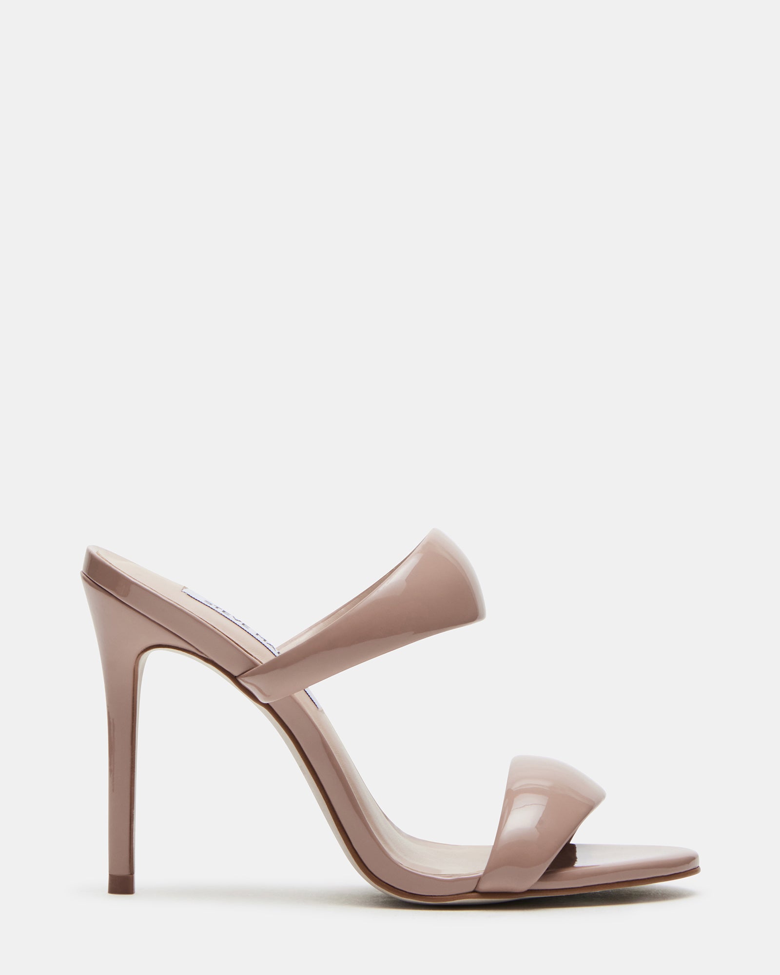 Side view of Saturn Blush patent mule heels showcasing the tubular double strap.