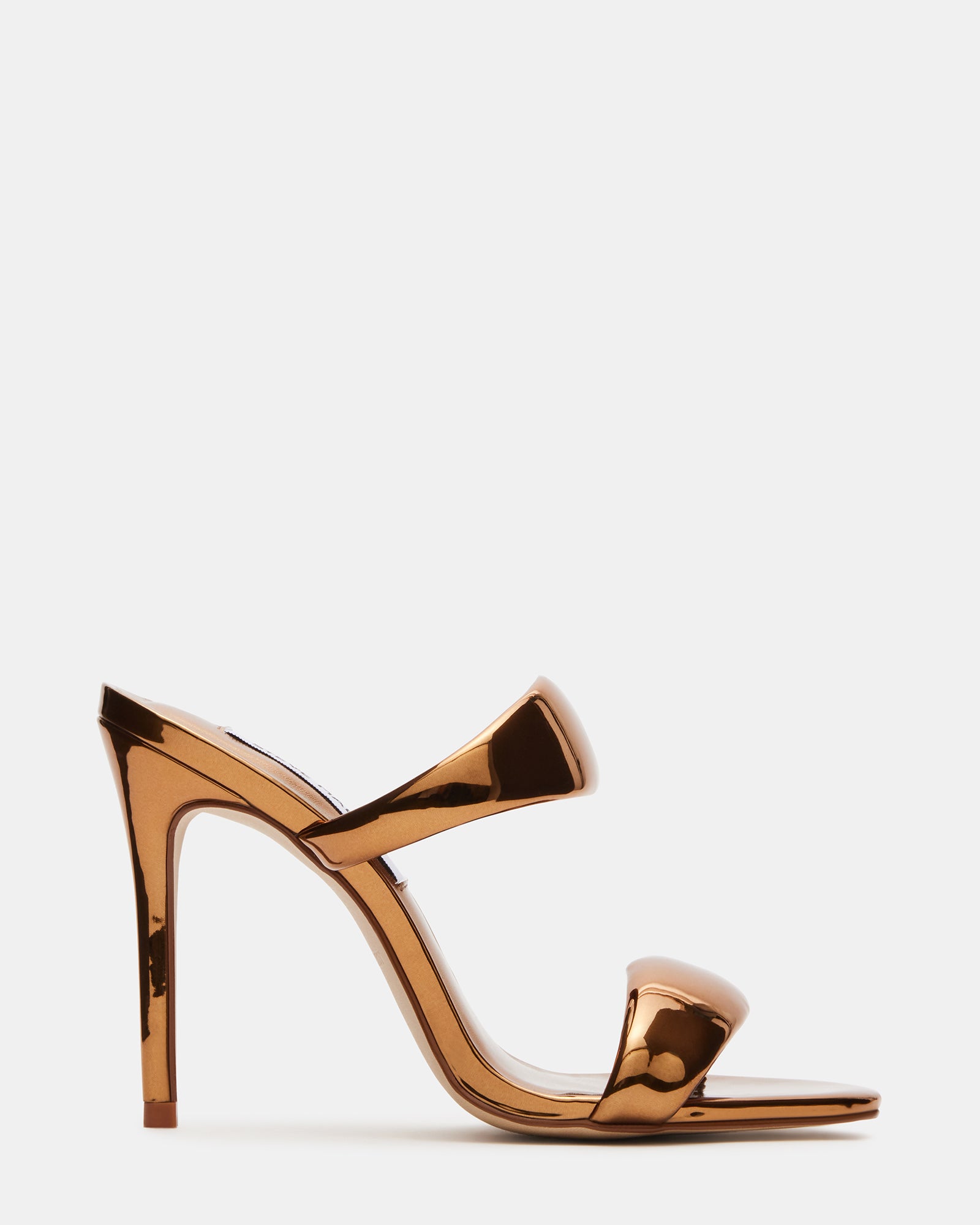Side view of gold high heel sandals with stiletto heels