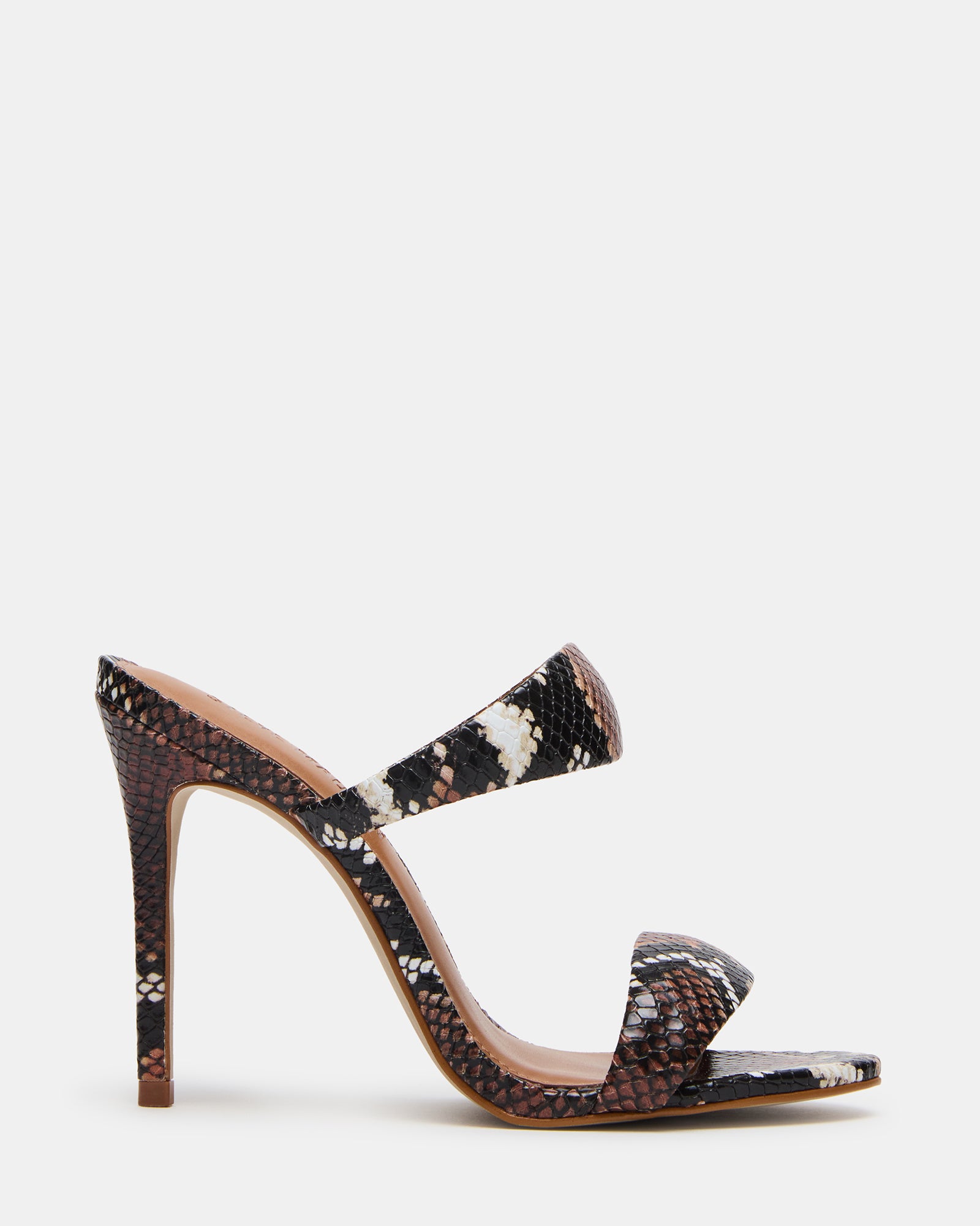 Side view of elegant brown mule heels with stiletto design.