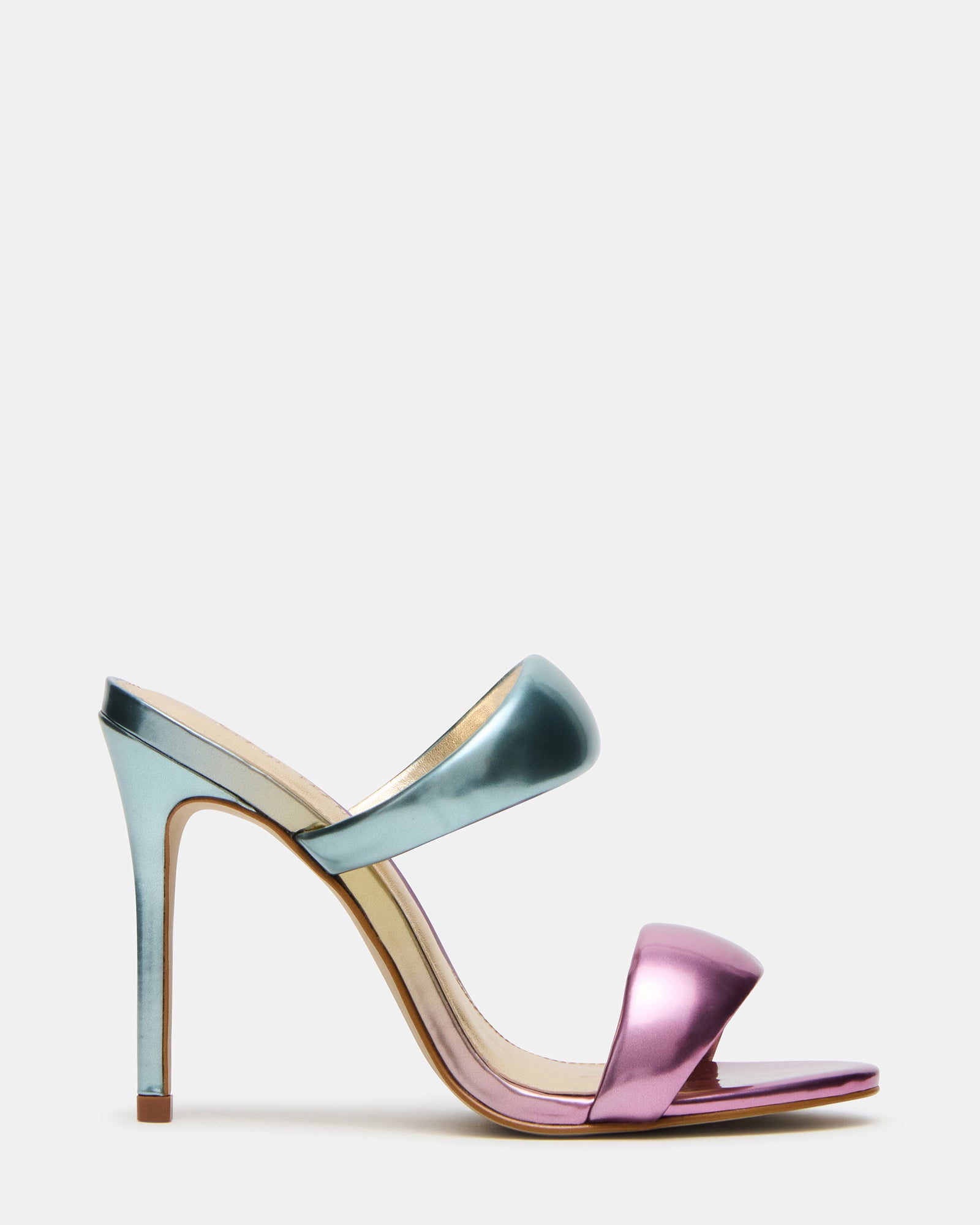 Front angle view of black stiletto sandals with double straps, perfect for upscale evenings