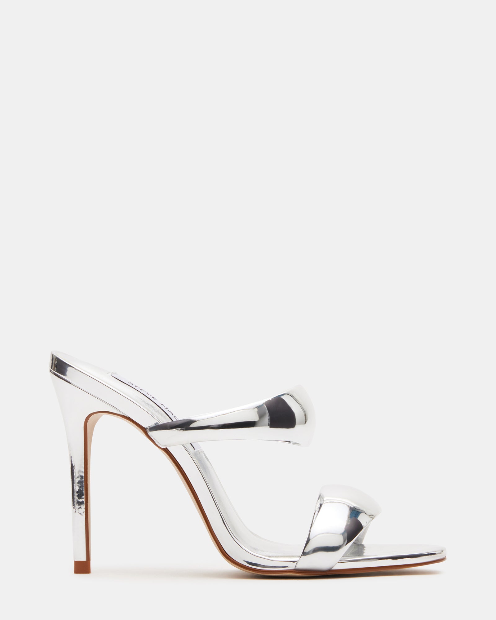 Side view of Saturn Silver mules with stiletto heel and double strap for a modern look
