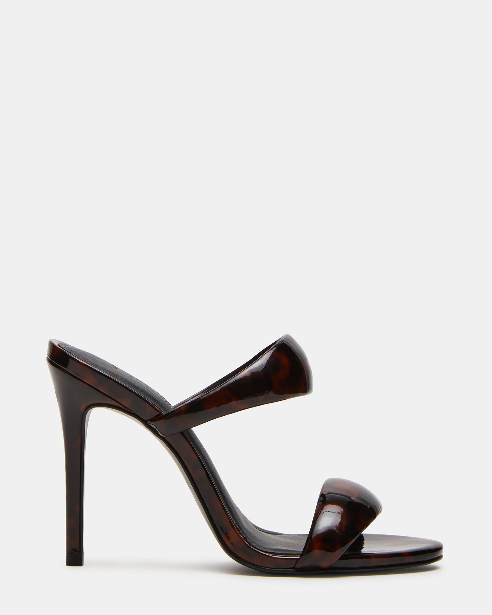 Side view of Saturn Tortoise sleek mule heels with stiletto heel and double strap