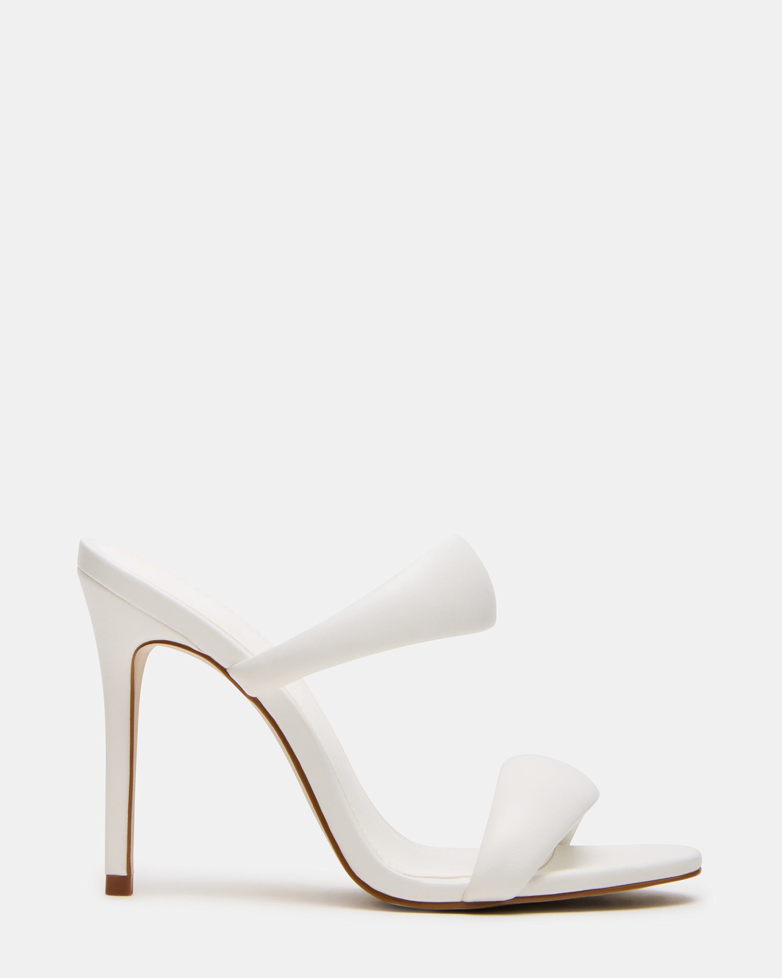 Elegant white mule heels with double strap for a chic look.