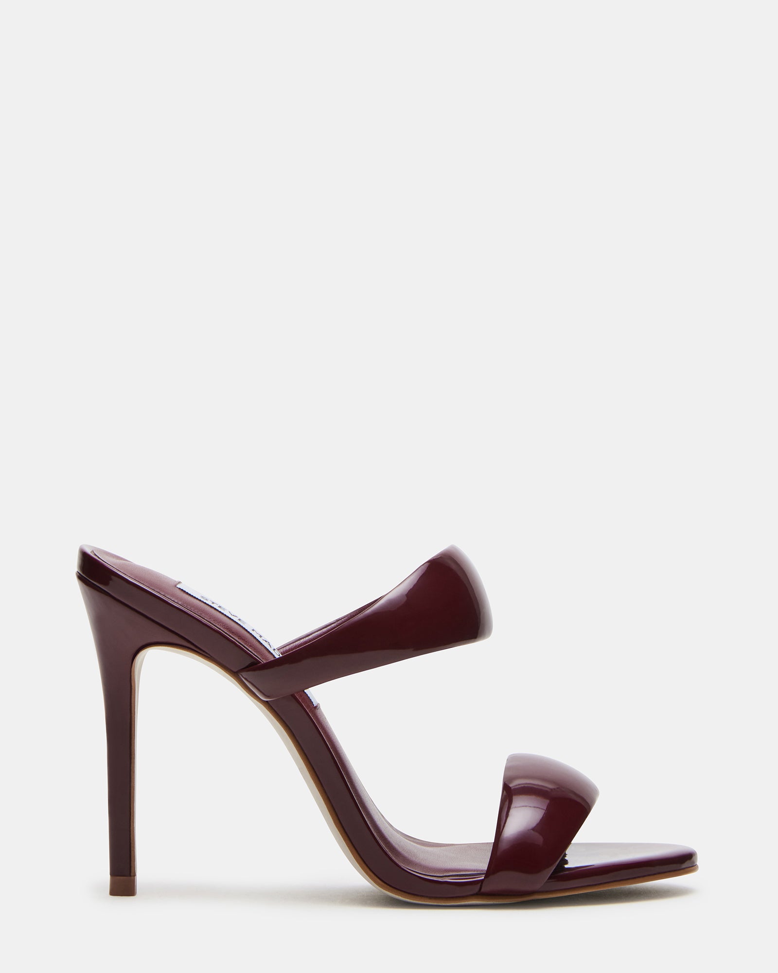 Side view of Saturn Wine Patent mule heels with stiletto heel and double straps