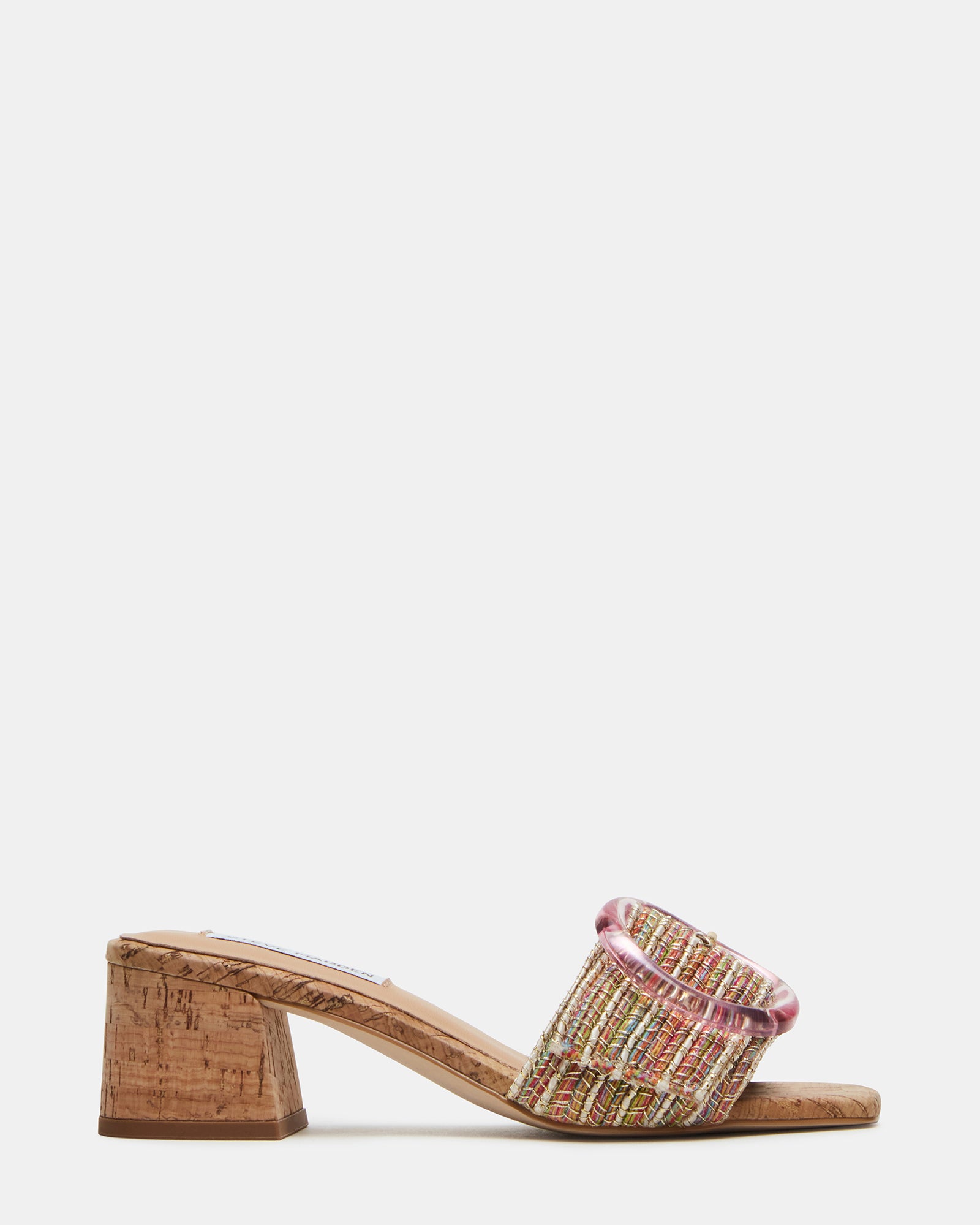 Front view of Seacrest Pink Raffia Mule Heels highlighting the square toe design.