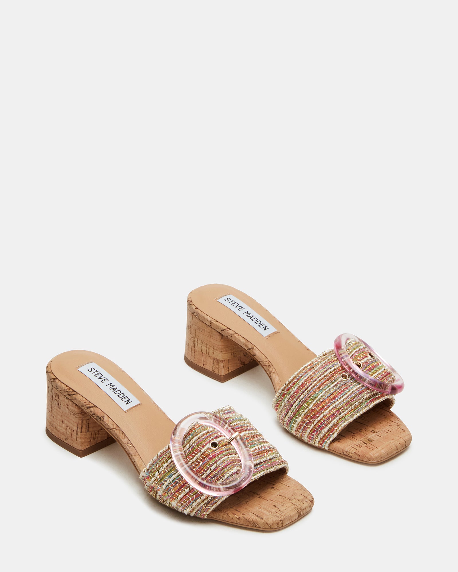 Side view of the raffia platform heels with block heel support.