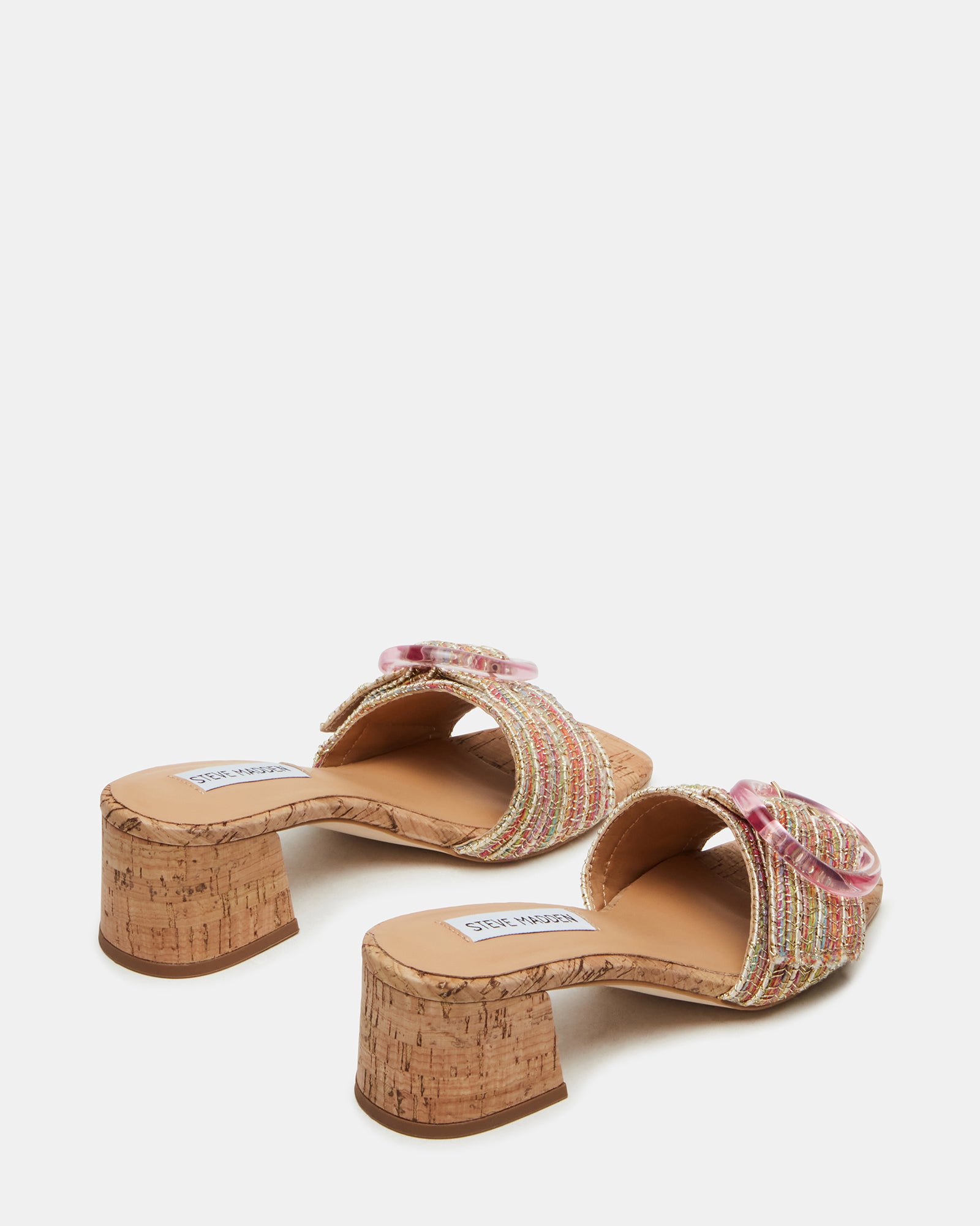 Side view of the raffia platform heels with block heel support.