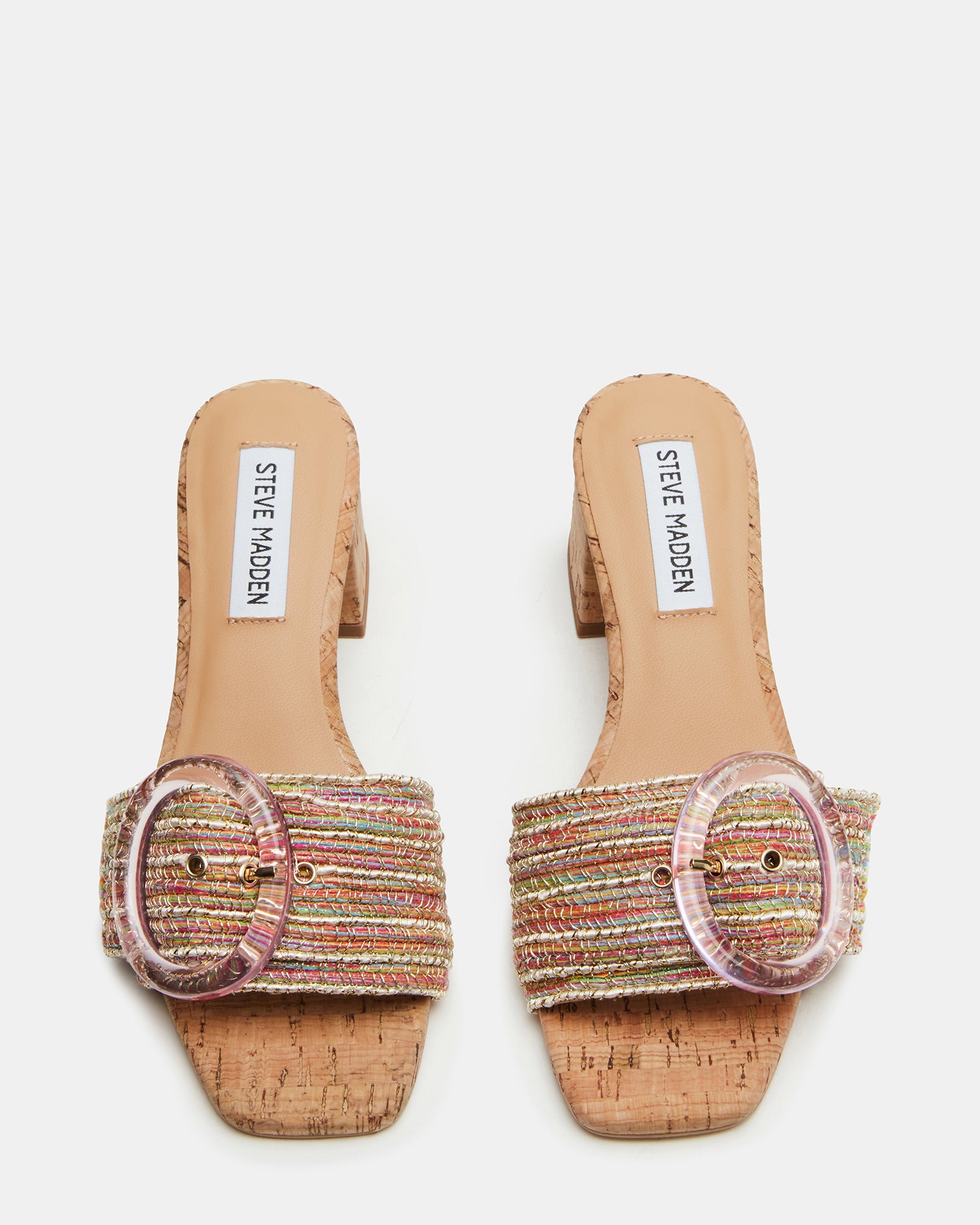 Front view of Seacrest Pink Raffia Mule Heels highlighting the square toe design.