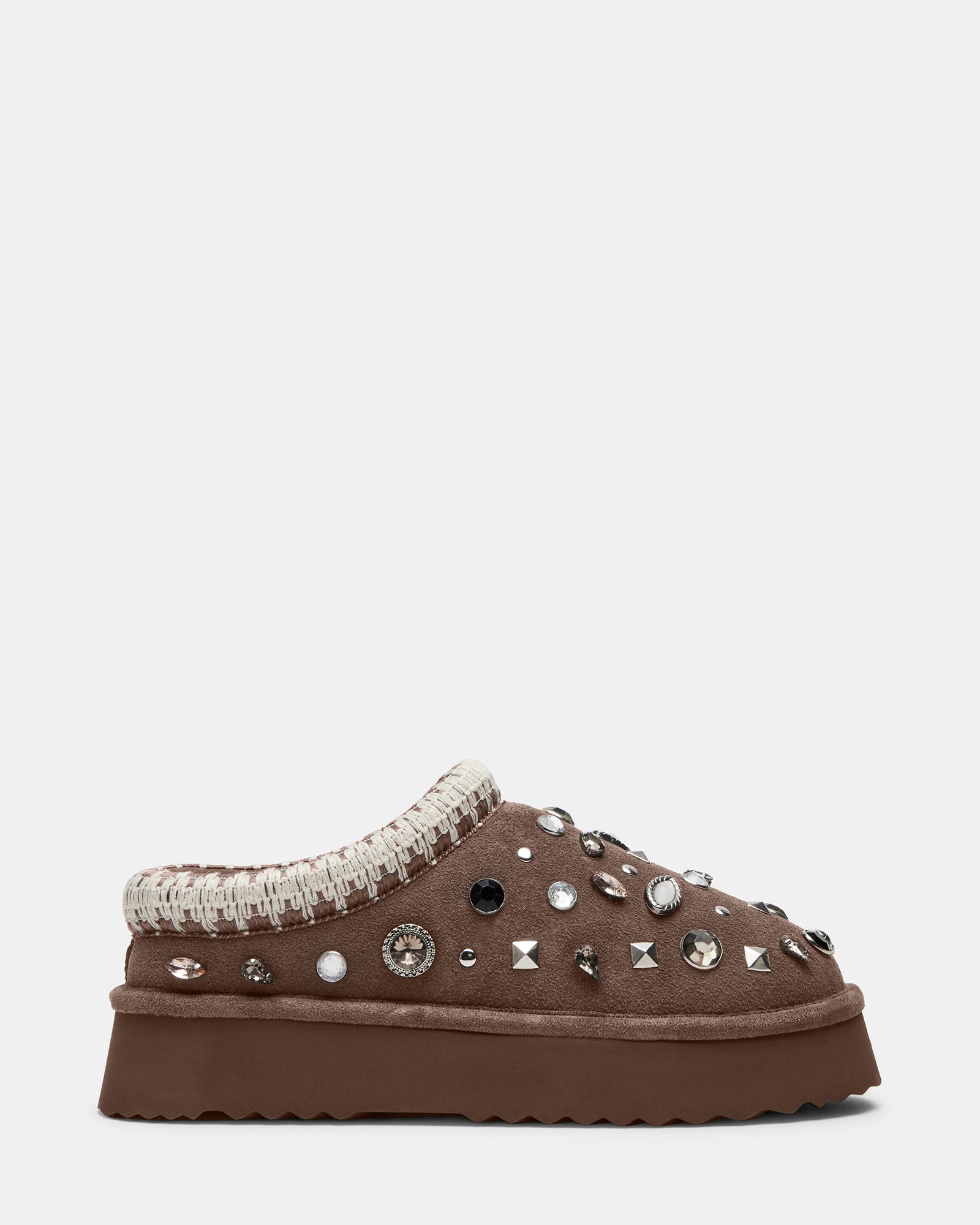 Top view of mule slippers showing faux fur lining and rhinestone suede slip-ons