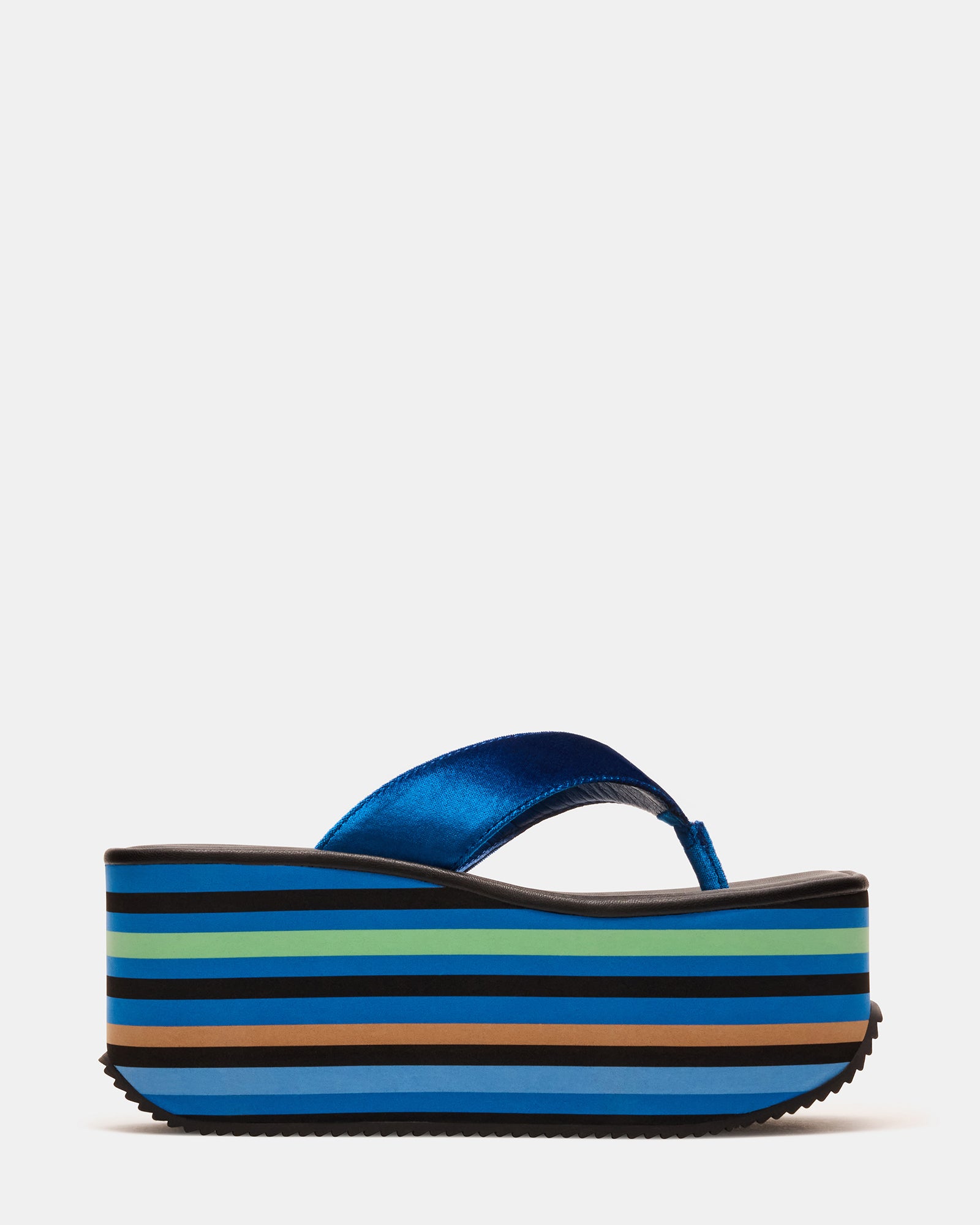 Sevilla Blue Multi thong sandals with heels, showcasing textured upper and platform sole.