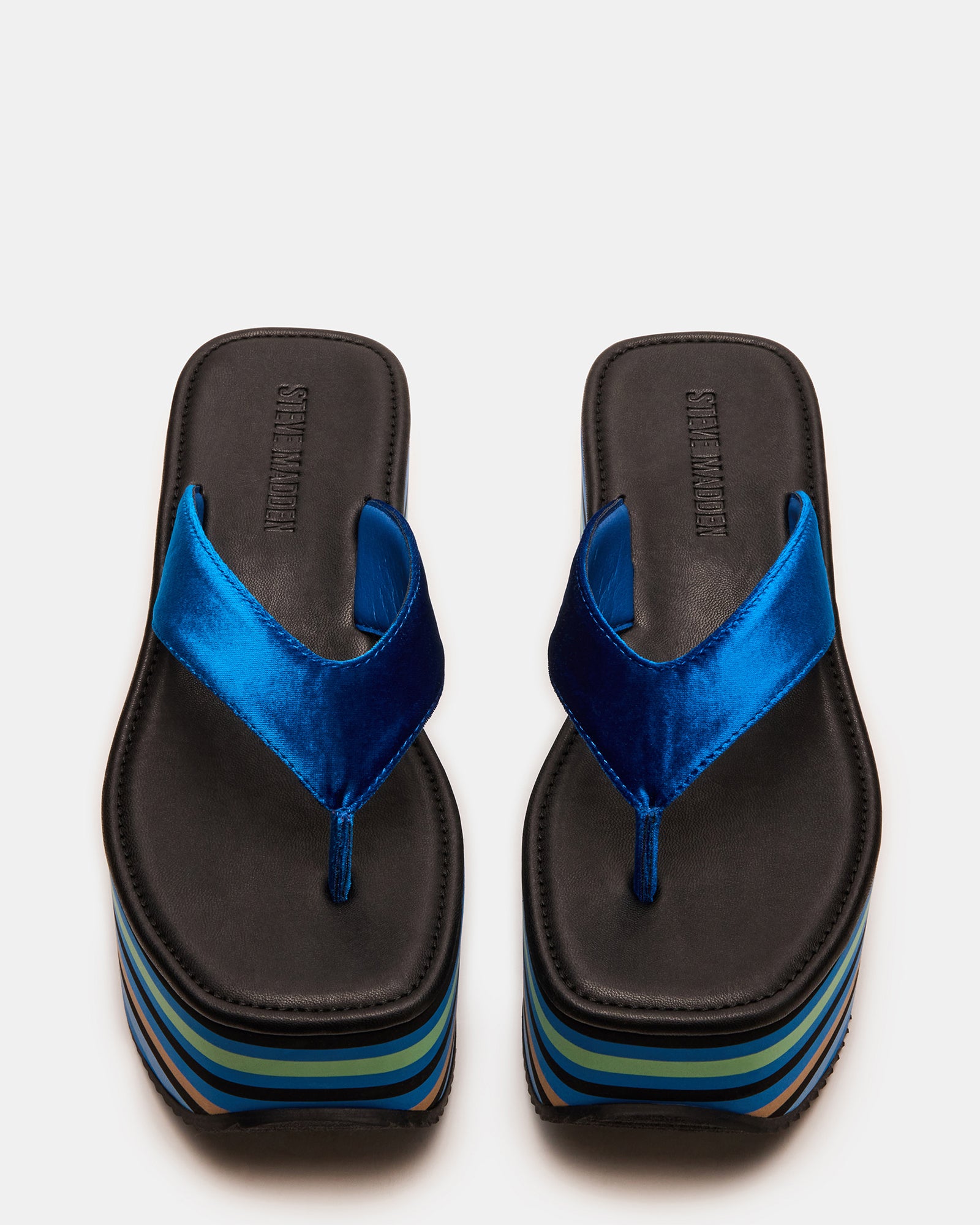 Sevilla Blue Multi thong sandals with heels, showcasing textured upper and platform sole.